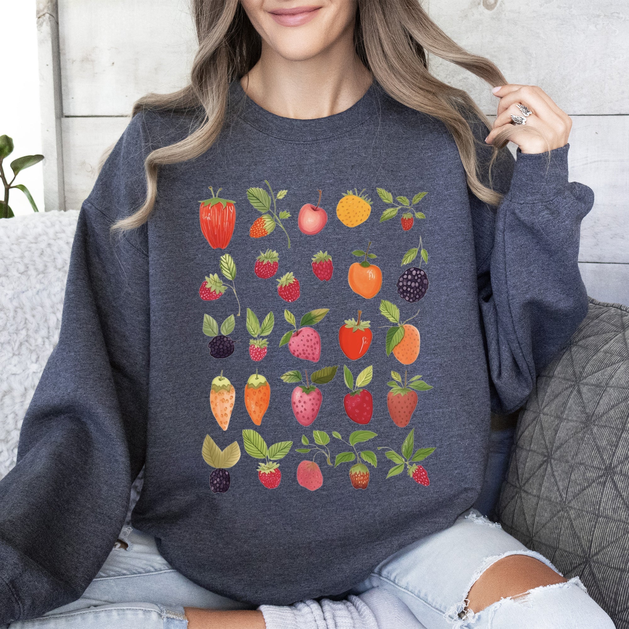 Fruity Delight Colorful Berries Illustrated Whimsical Fruit Pattern Artwork Sweatshirt