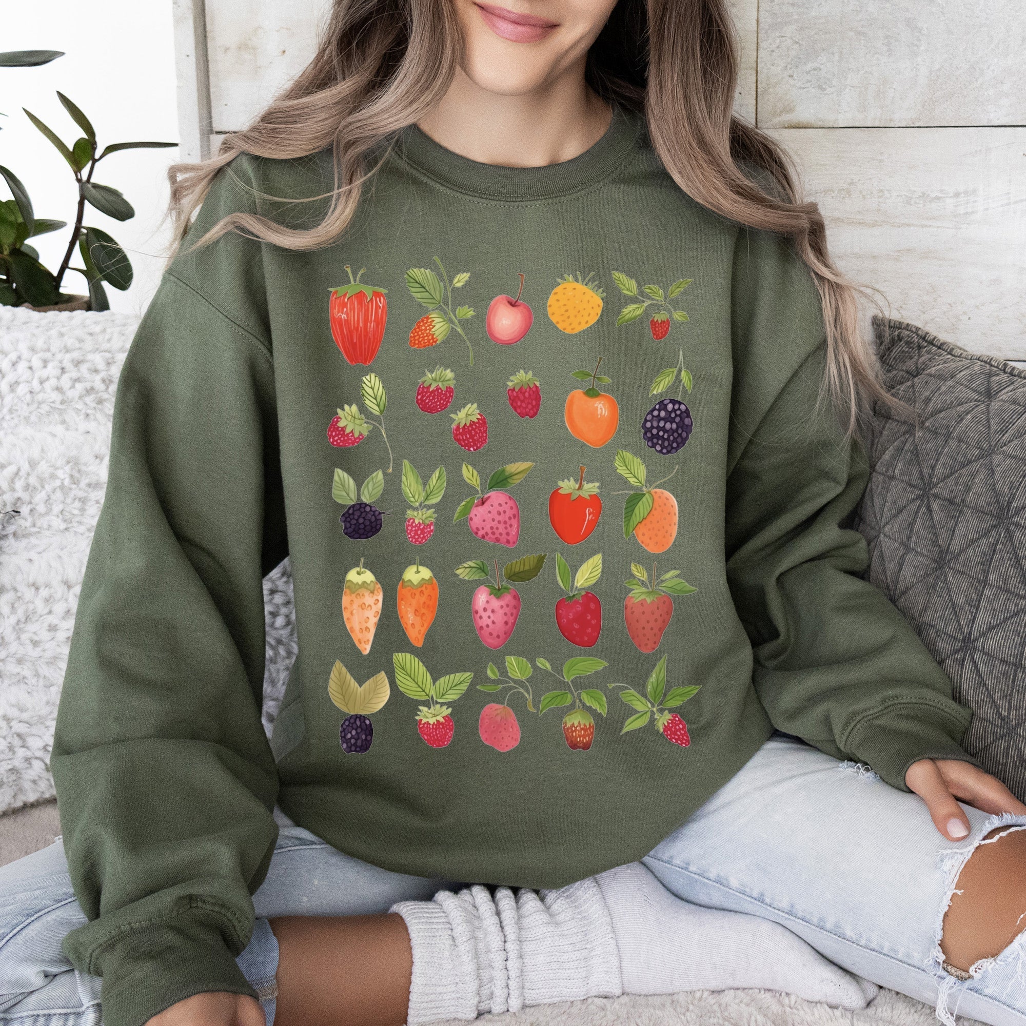 Fruity Delight Colorful Berries Illustrated Whimsical Fruit Pattern Artwork Sweatshirt