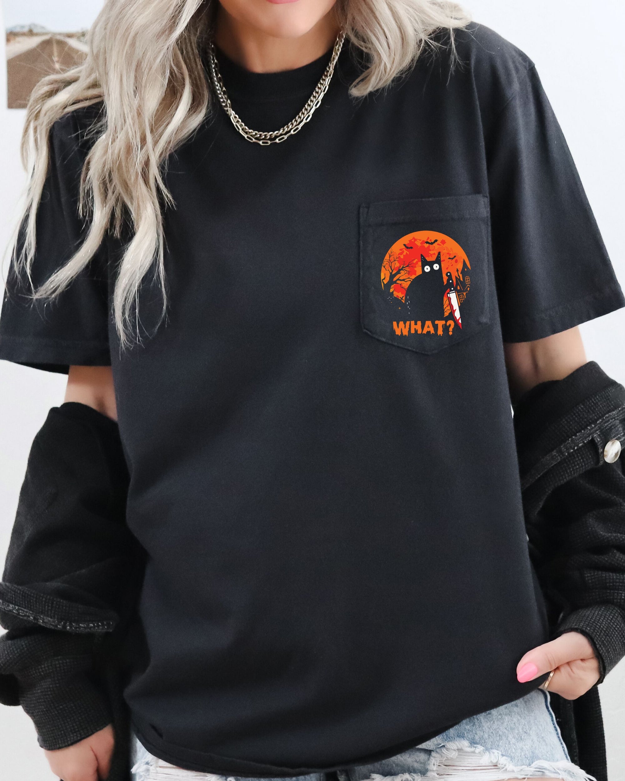 Funny Cat Halloween Spooky Pocket Witch Skeleton Ghost Bats Haunted House Comfort Colors Tee