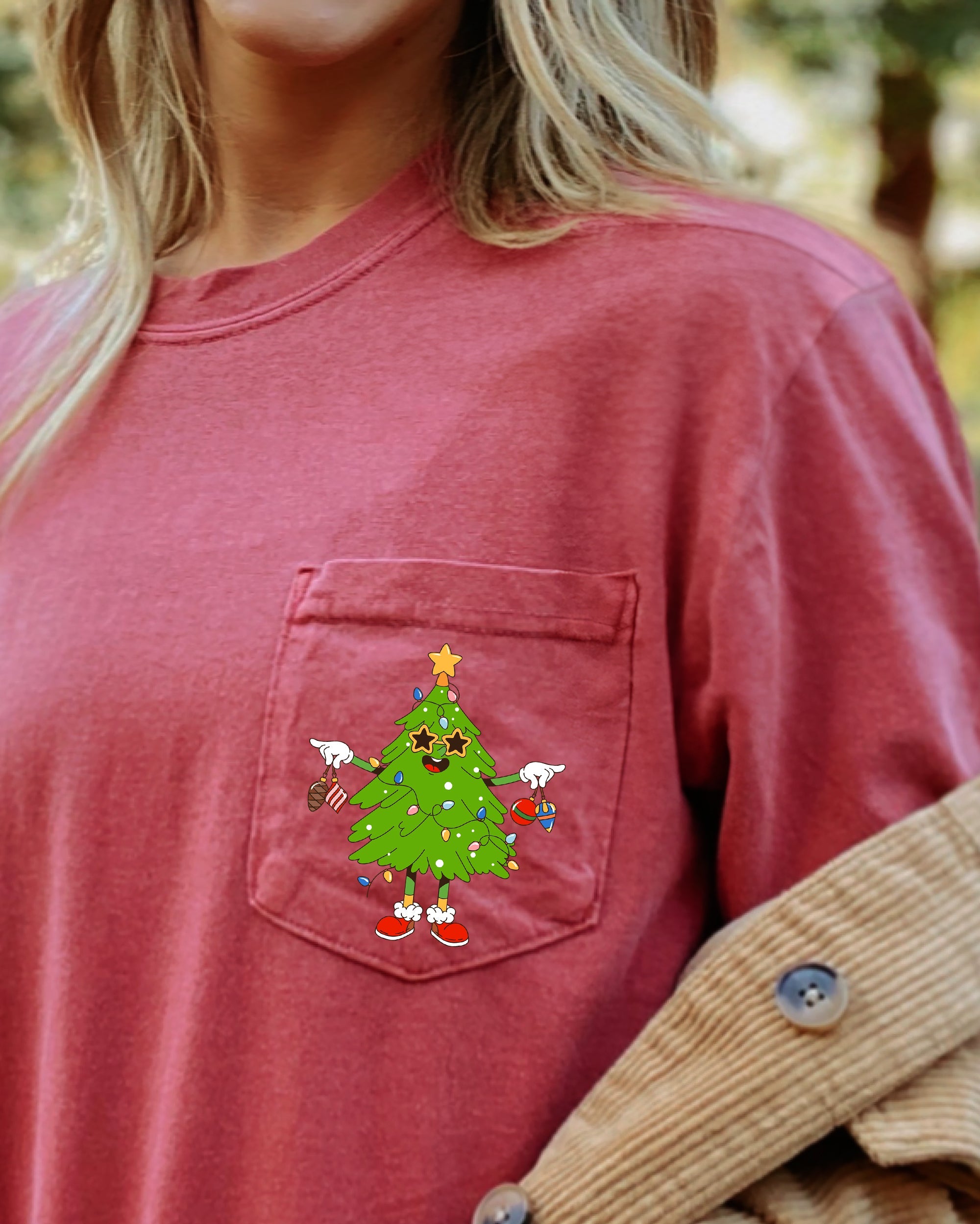 Funny Christmas Tree Pocket Santa Snow Winter Xmas Festive Vintage Style Holiday Illustration Comfort Colors Tee