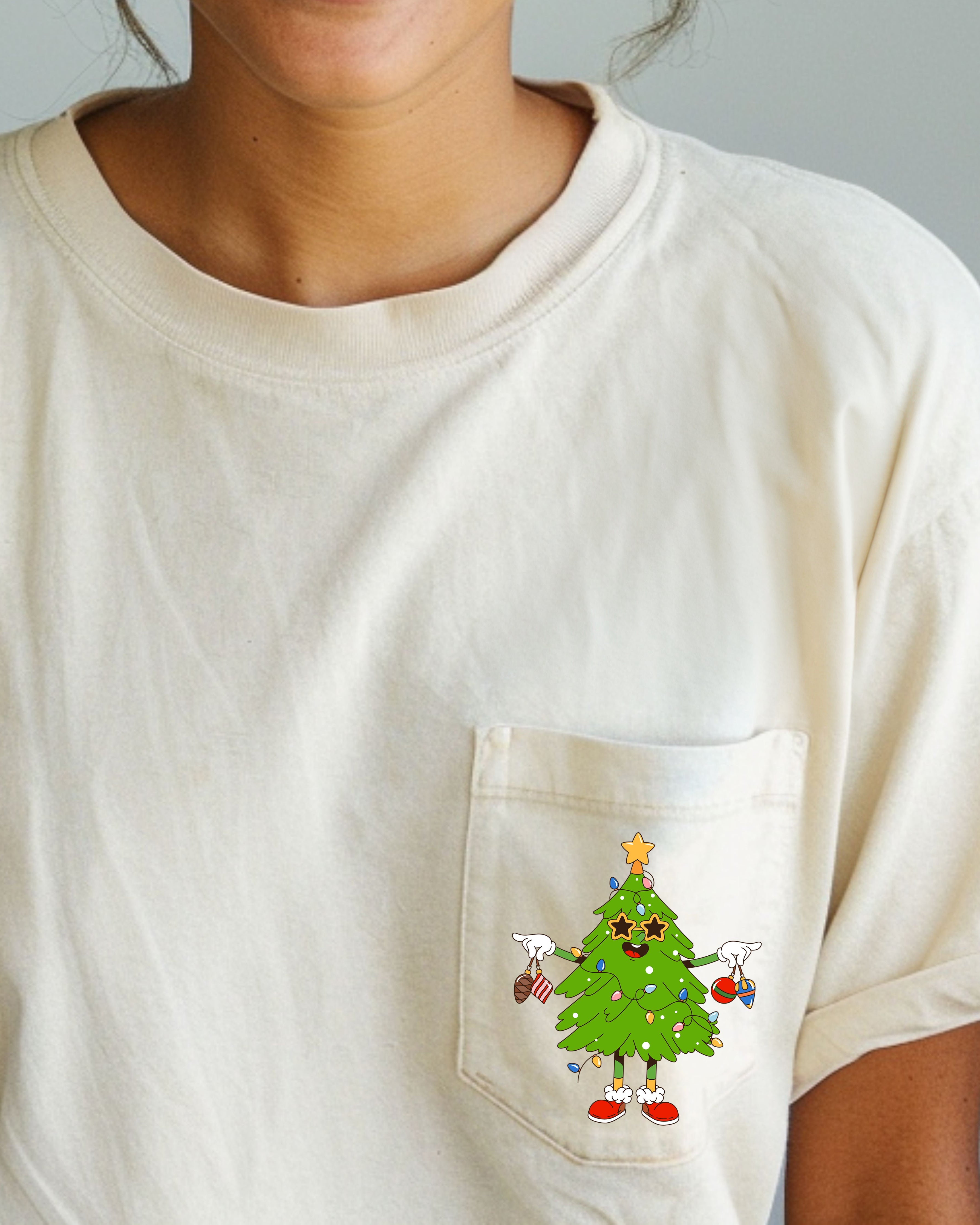 Funny Christmas Tree Pocket Santa Snow Winter Xmas Festive Vintage Style Holiday Illustration Comfort Colors Tee