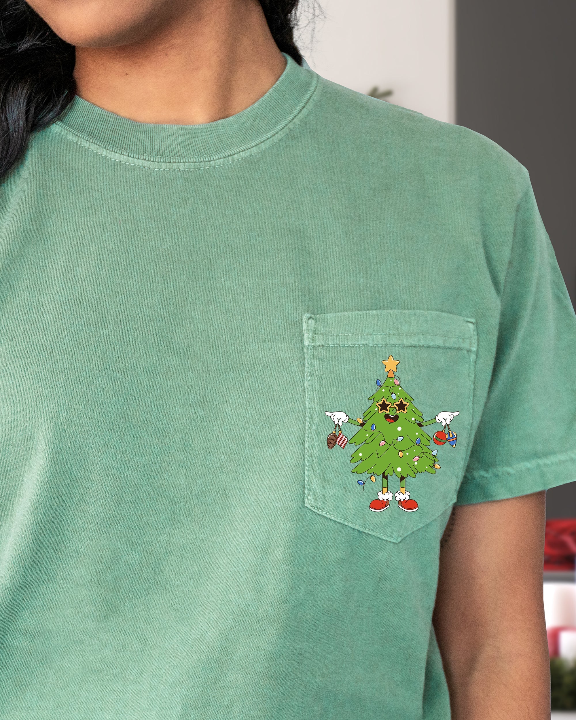 Funny Christmas Tree Pocket Santa Snow Winter Xmas Festive Vintage Style Holiday Illustration Comfort Colors Tee