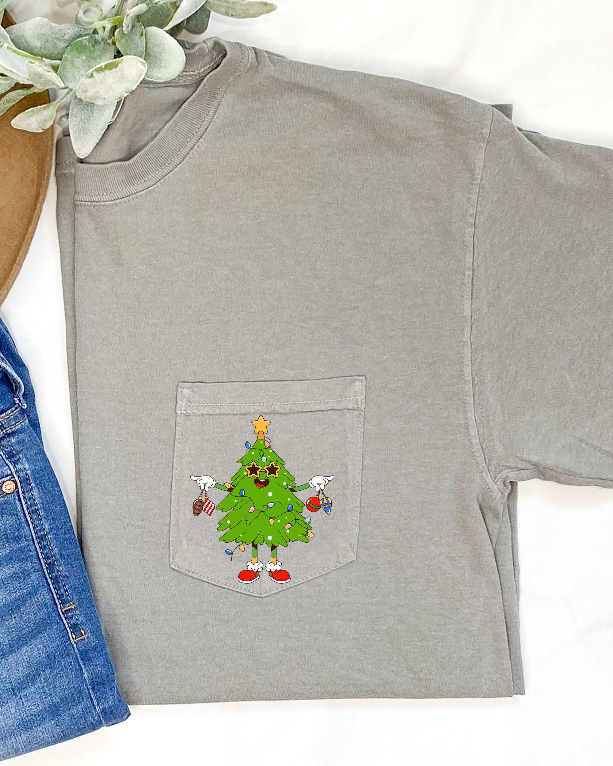 Funny Christmas Tree Pocket Santa Snow Winter Xmas Festive Vintage Style Holiday Illustration Comfort Colors Tee