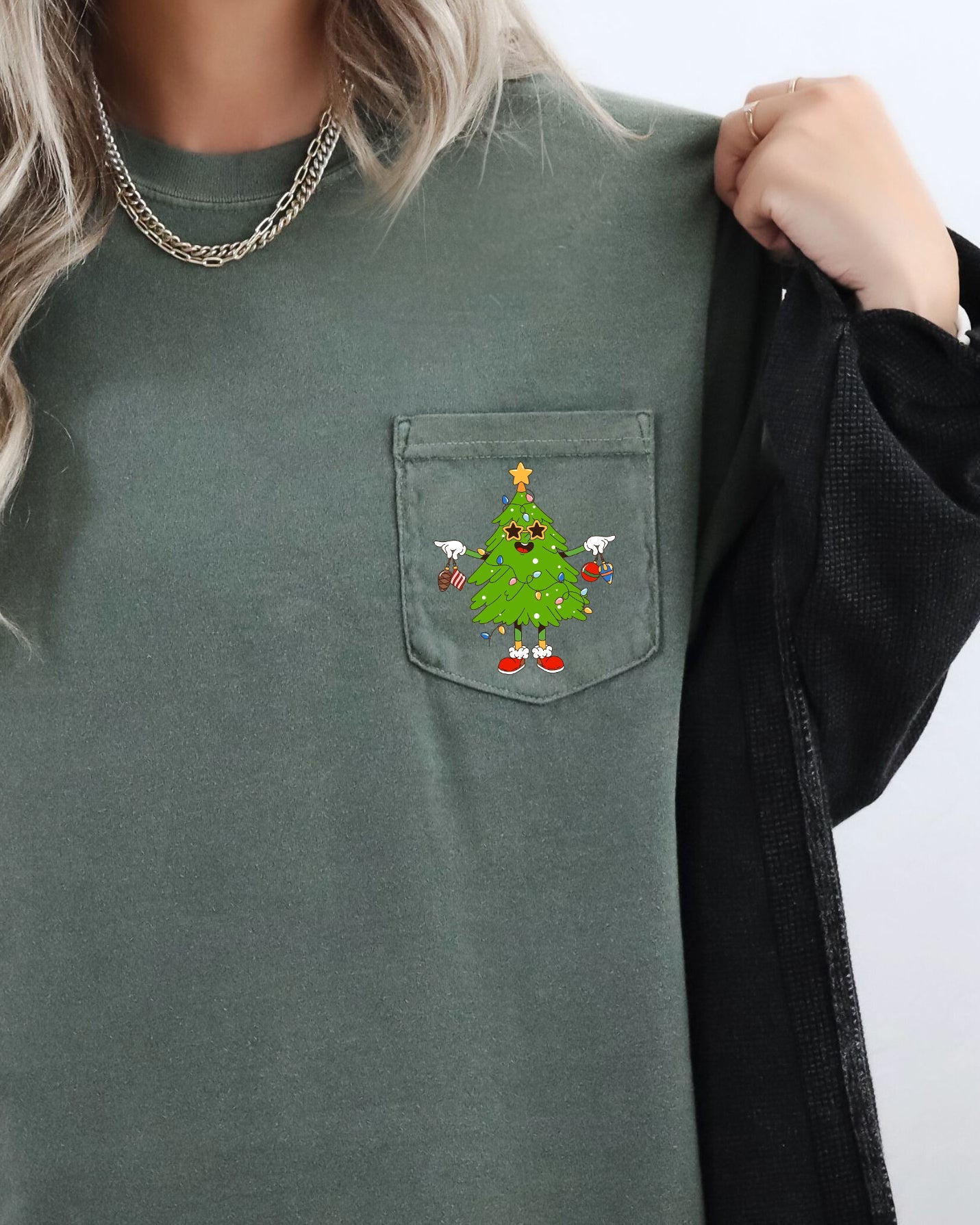 Funny Christmas Tree Pocket Santa Snow Winter Xmas Festive Vintage Style Holiday Illustration Comfort Colors Tee
