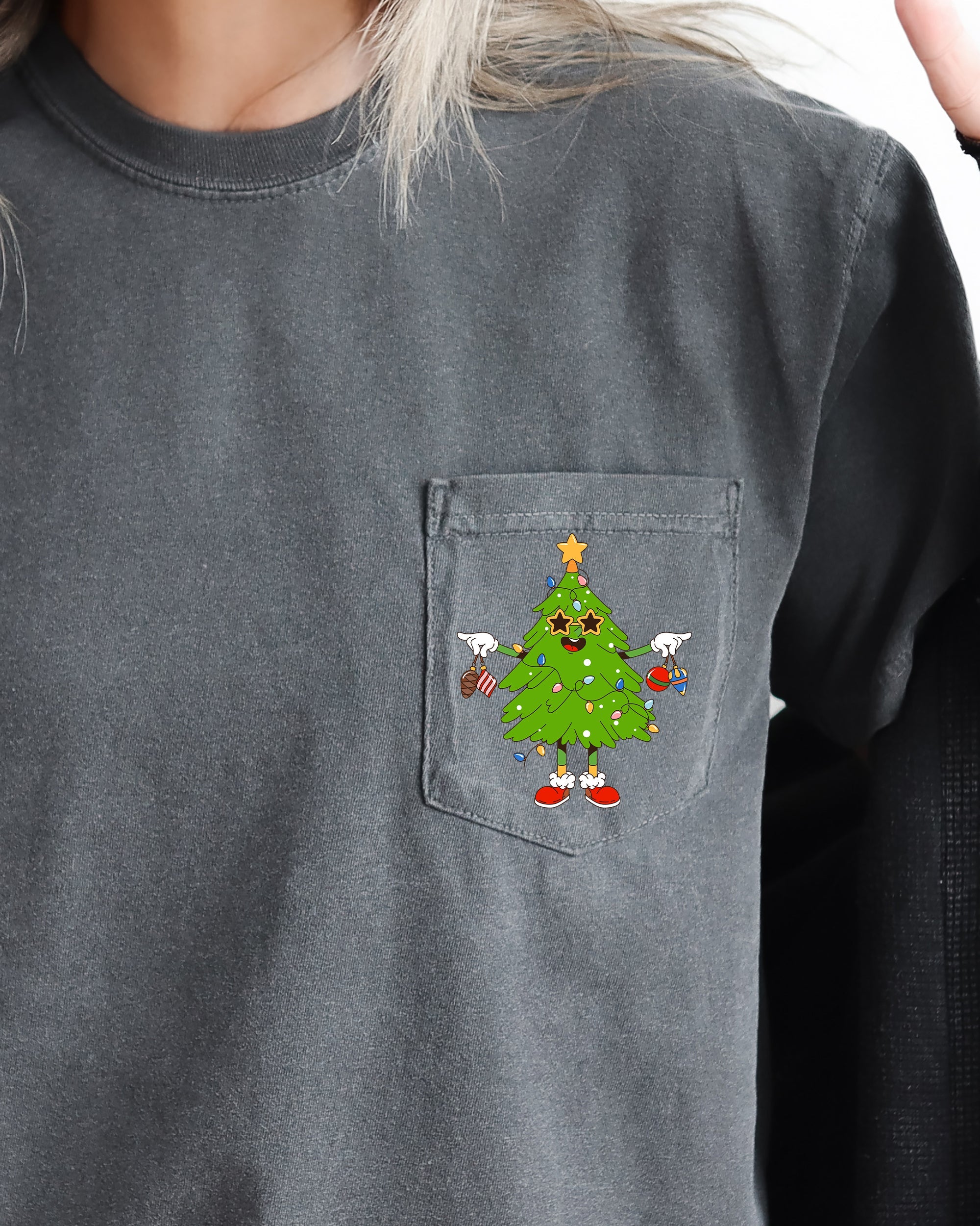 Funny Christmas Tree Pocket Santa Snow Winter Xmas Festive Vintage Style Holiday Illustration Comfort Colors Tee
