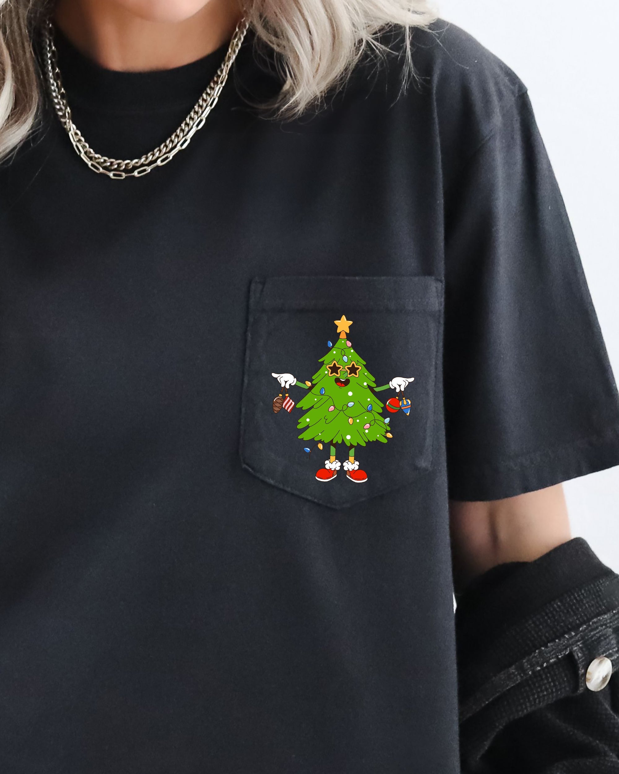 Funny Christmas Tree Pocket Santa Snow Winter Xmas Festive Vintage Style Holiday Illustration Comfort Colors Tee