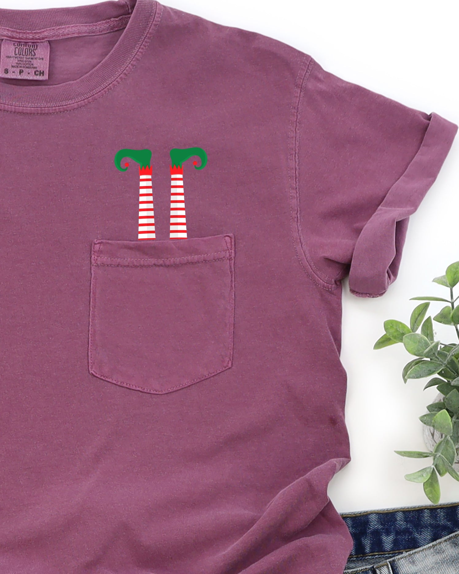Funny Elf Legs Christmas Santa Winter Snow Xmas Holiday Theme Vintage Retro Graphic Elements Pocket Comfort Colors Tee