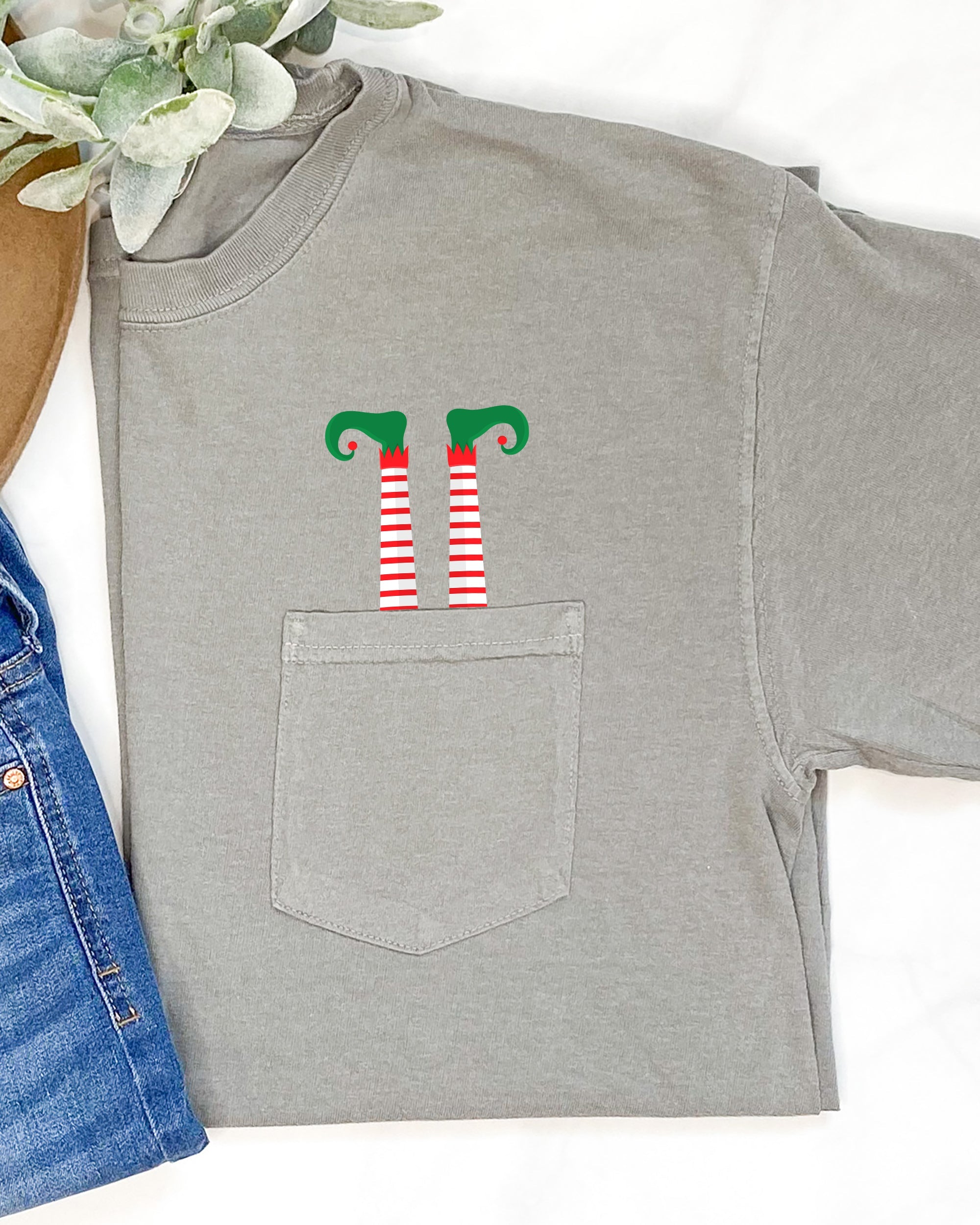 Funny Elf Legs Christmas Santa Winter Snow Xmas Holiday Theme Vintage Retro Graphic Elements Pocket Comfort Colors Tee