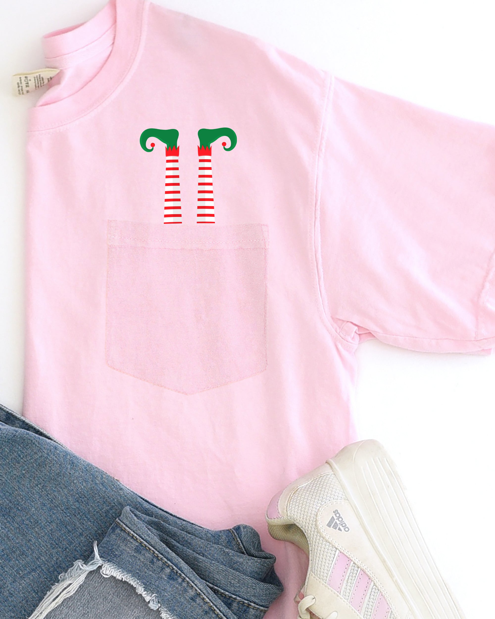 Funny Elf Legs Christmas Santa Winter Snow Xmas Holiday Theme Vintage Retro Graphic Elements Pocket Comfort Colors Tee