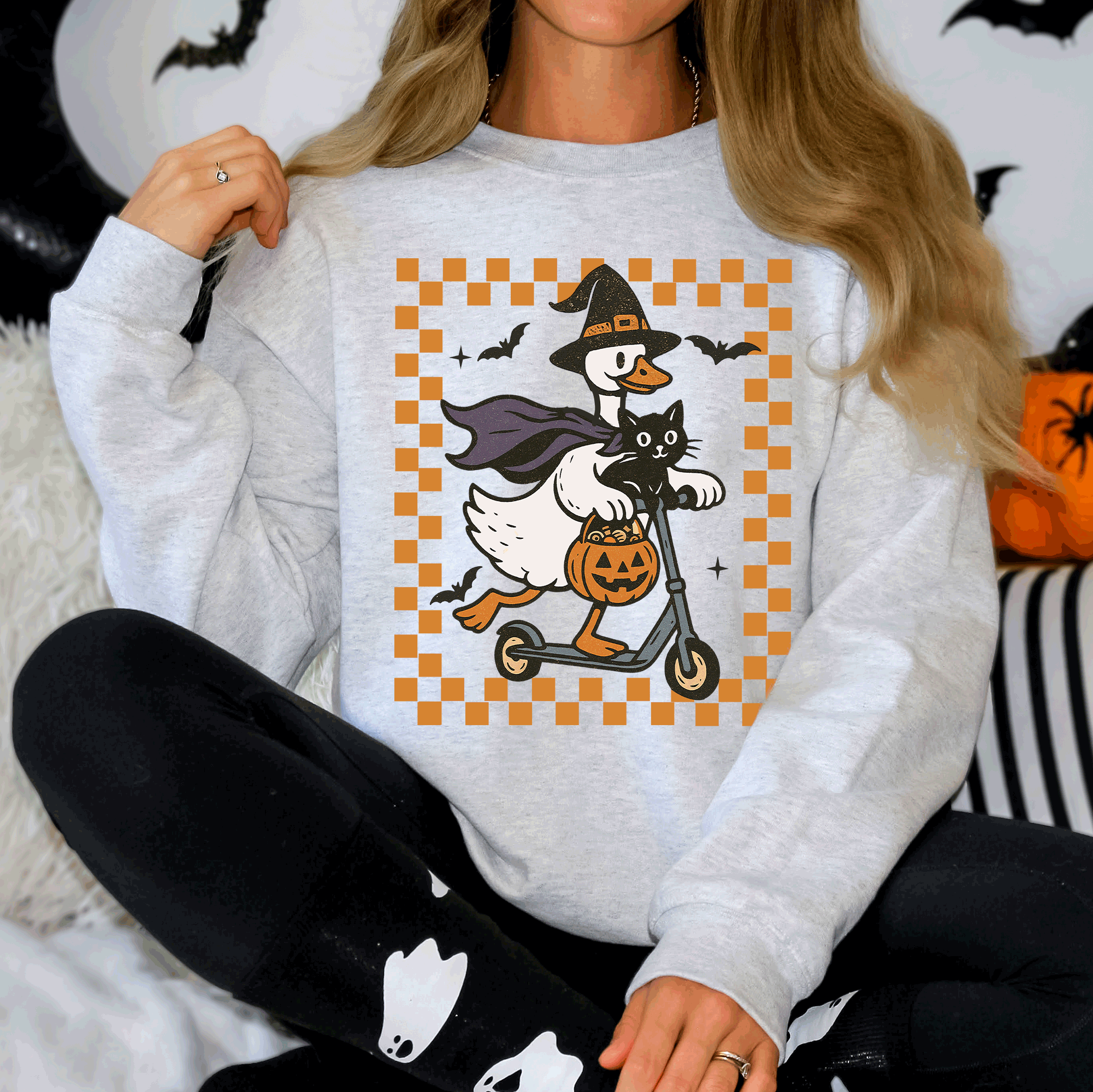 Funny Halloween Goose Black Cat Witch Checkered Parade Graphic Print Edition Sweatshirt