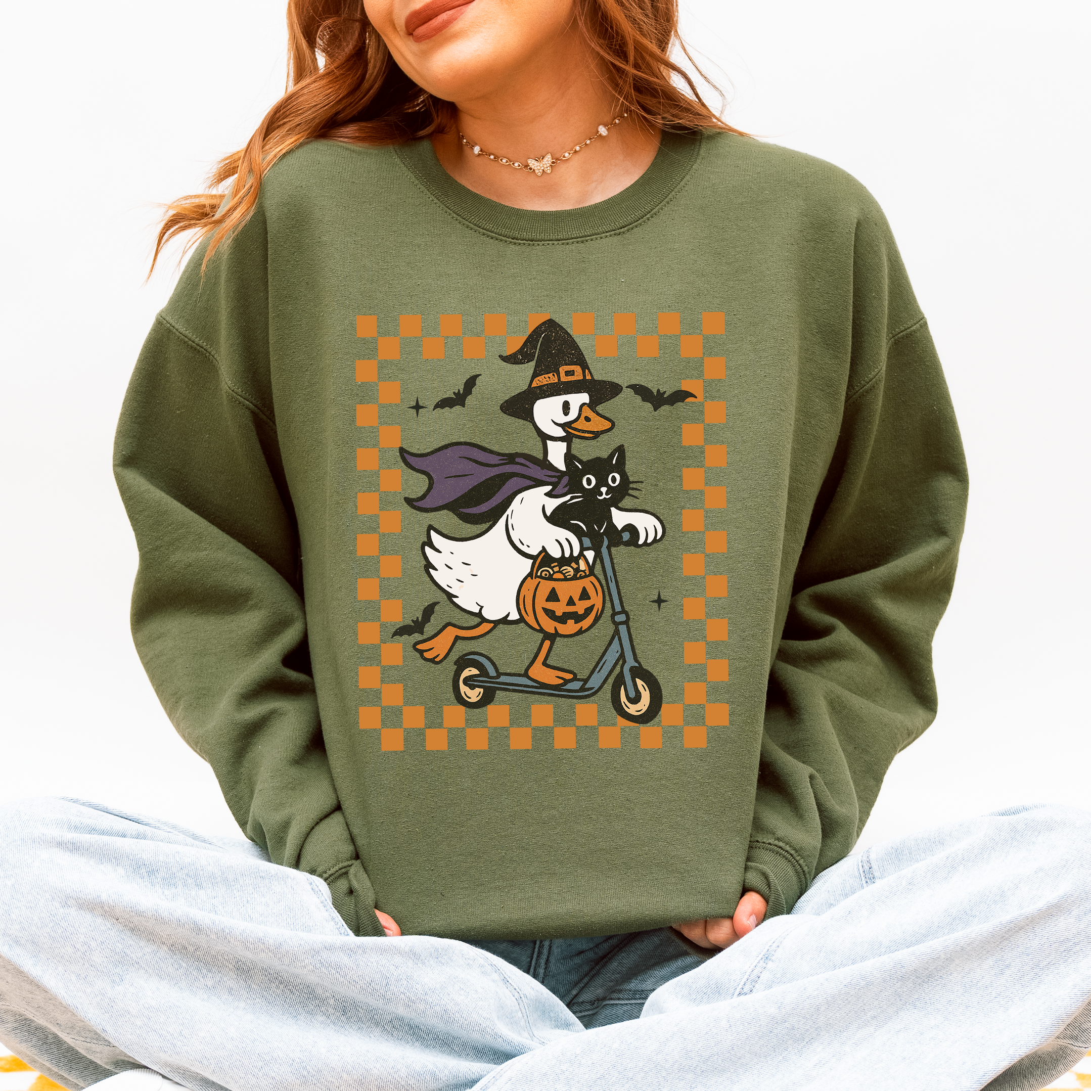 Funny Halloween Goose Black Cat Witch Checkered Parade Graphic Print Edition Sweatshirt