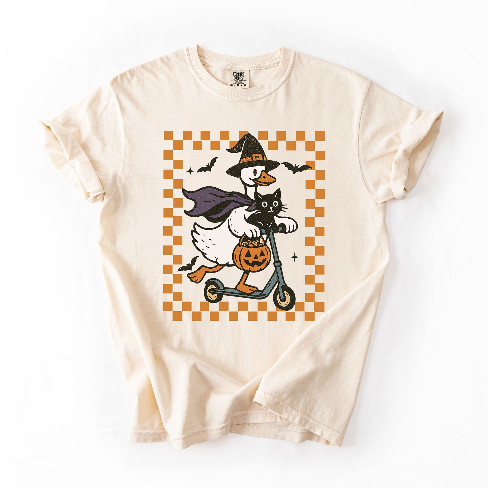 Funny Halloween Goose With Black Cat Witch Checkered Scene Artwork Comfort Colors Tee