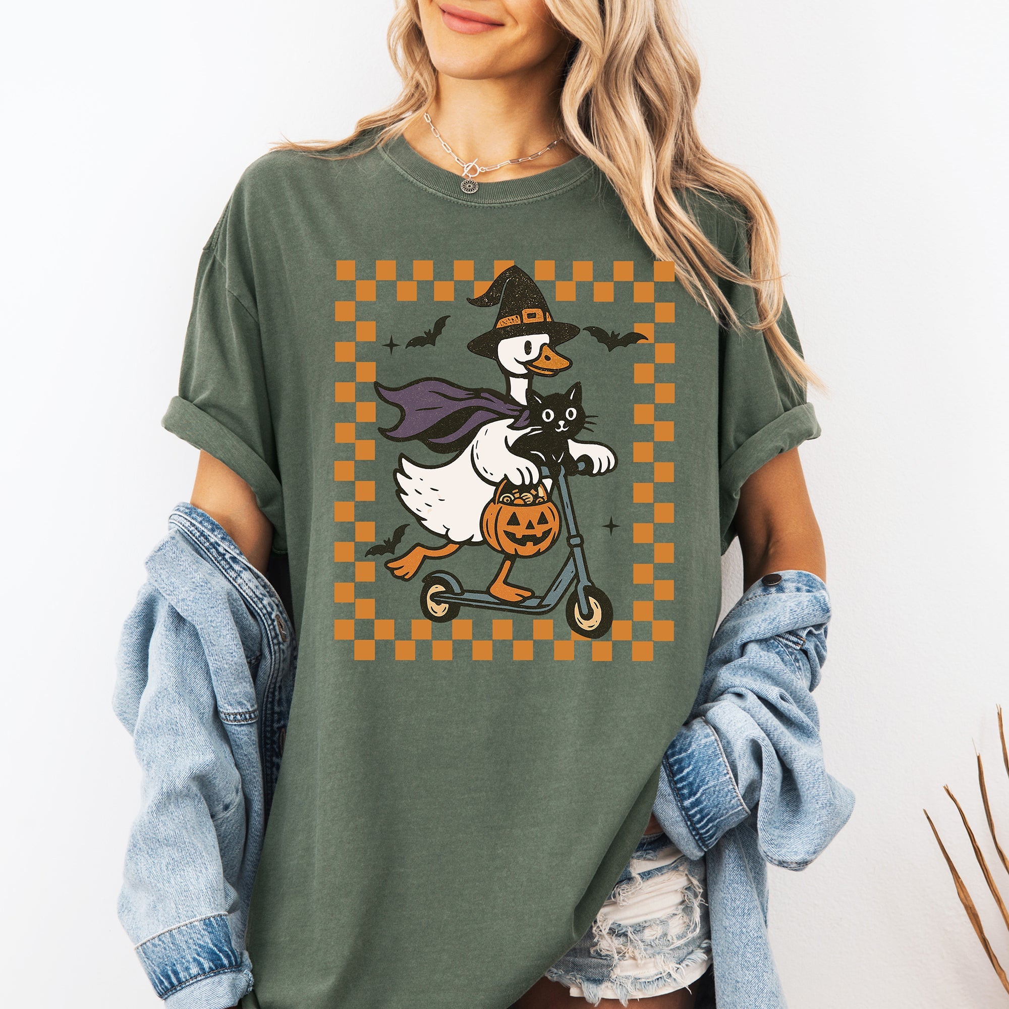 Funny Halloween Goose With Black Cat Witch Checkered Scene Artwork Comfort Colors Tee