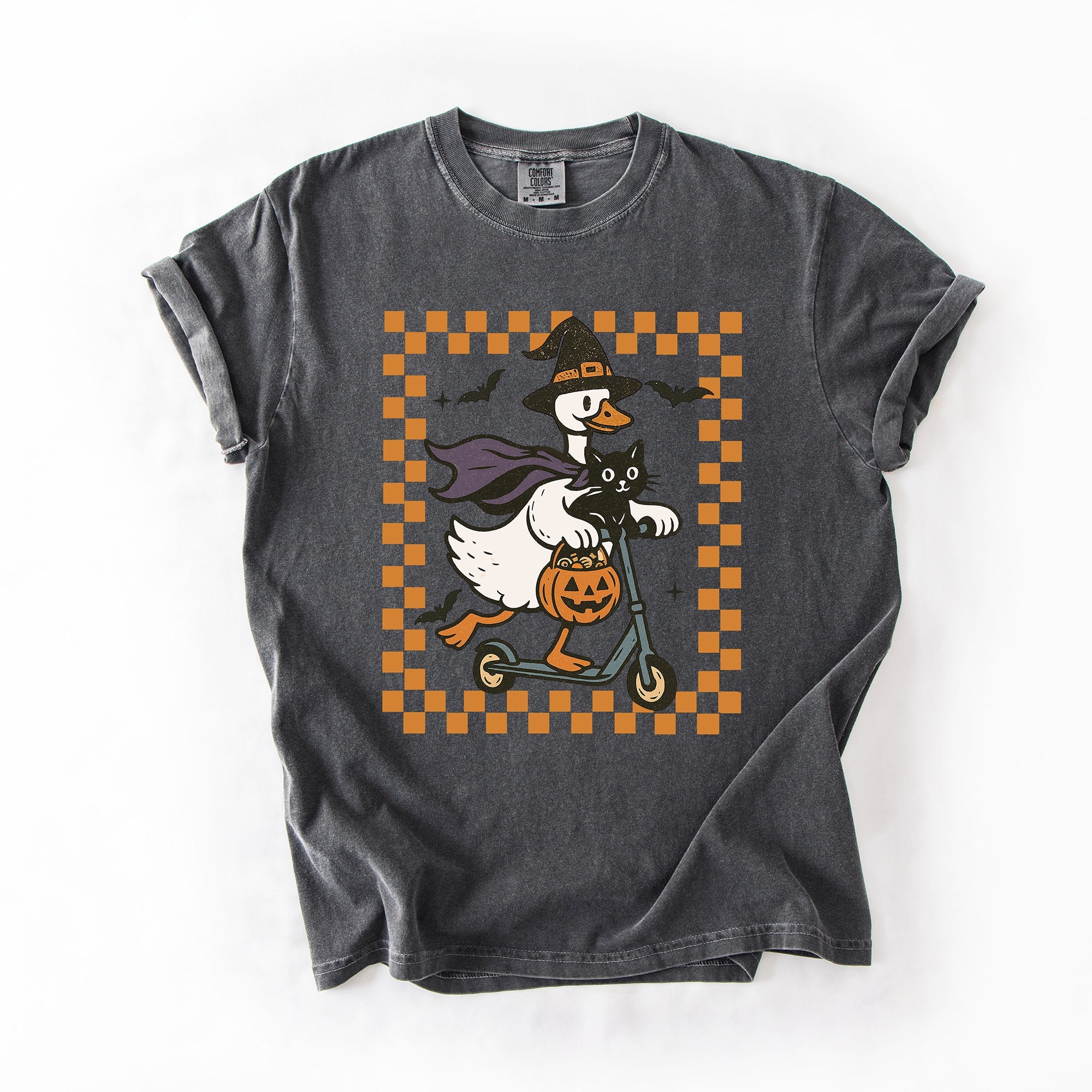Funny Halloween Goose With Black Cat Witch Checkered Scene Artwork Comfort Colors Tee