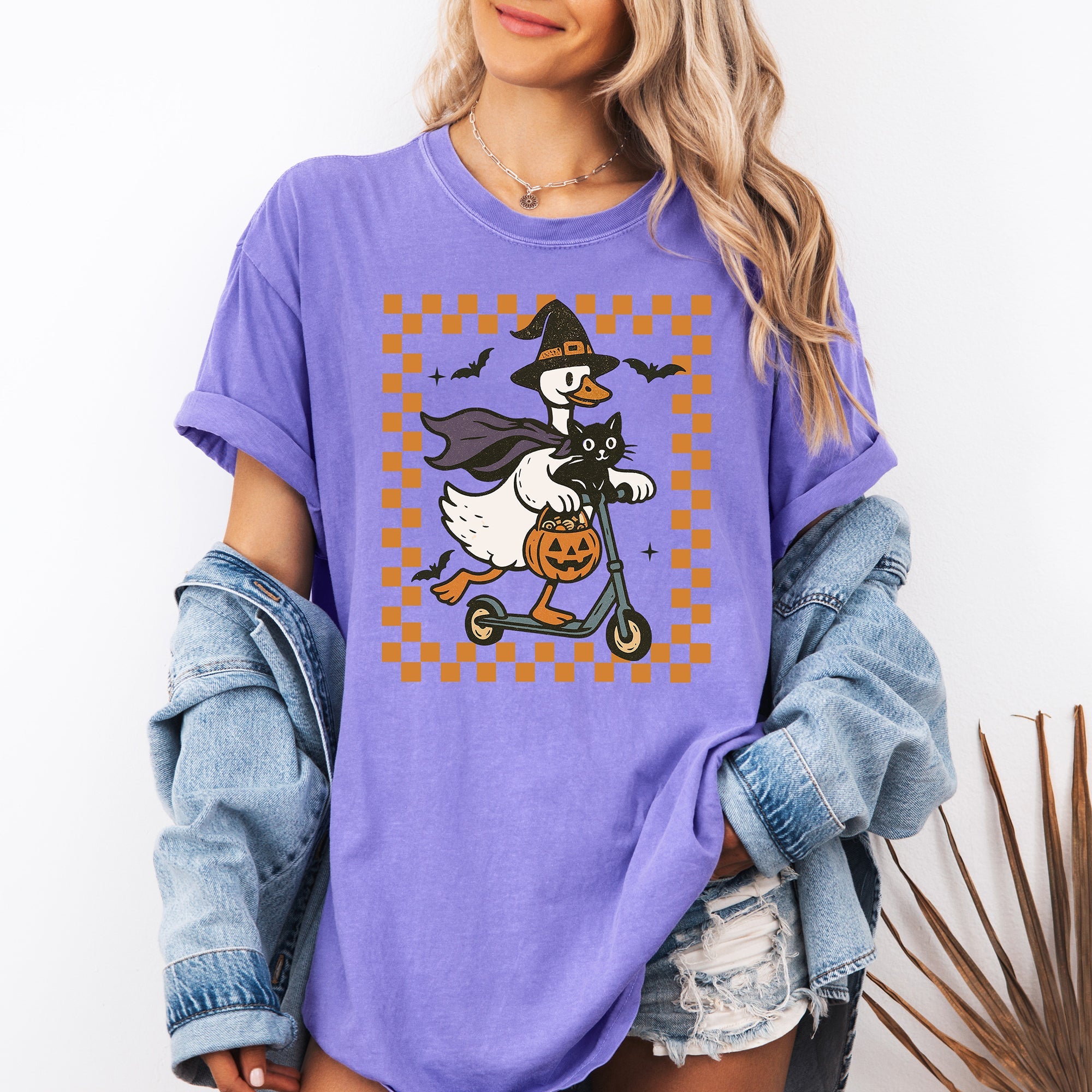 Funny Halloween Goose With Black Cat Witch Checkered Scene Artwork Comfort Colors Tee