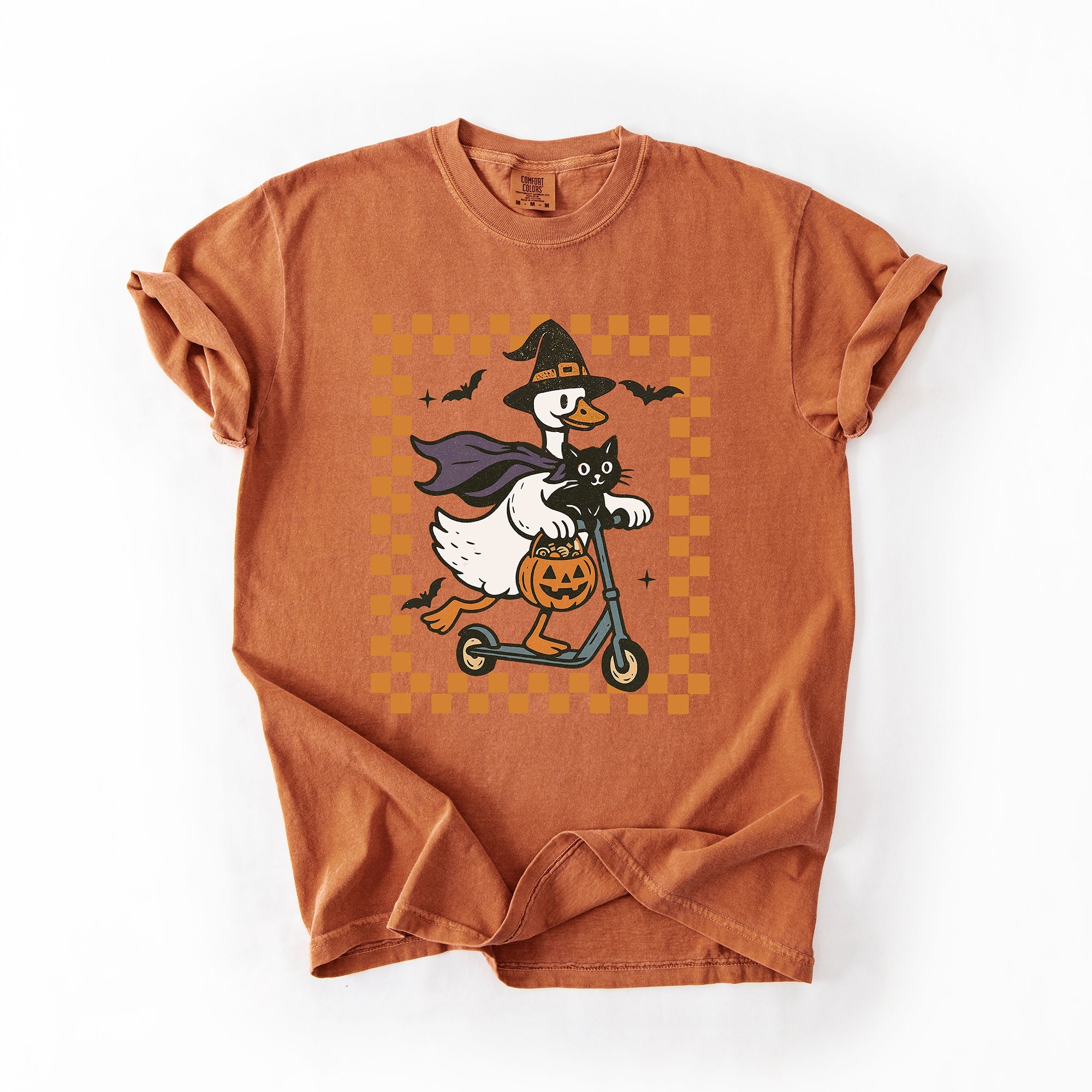 Funny Halloween Goose With Black Cat Witch Checkered Scene Artwork Comfort Colors Tee