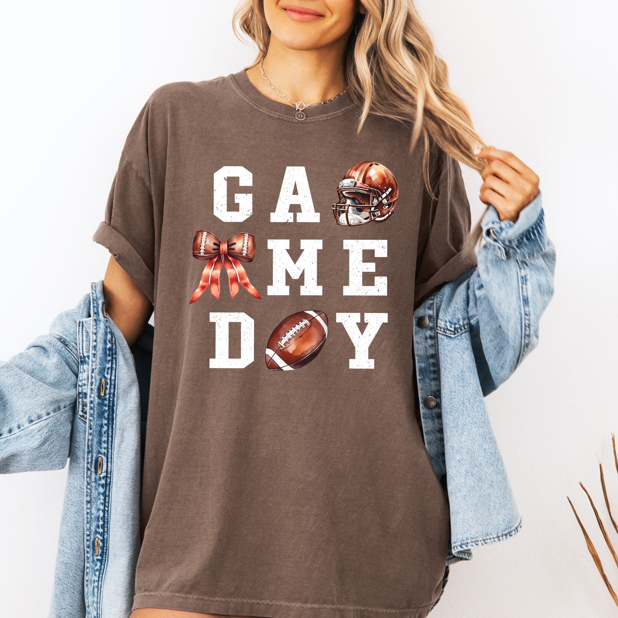 Game Day Coquette Ribbon Girly Football Sports Big Game Touchdown Tailgate Party Comfort Colors Tee
