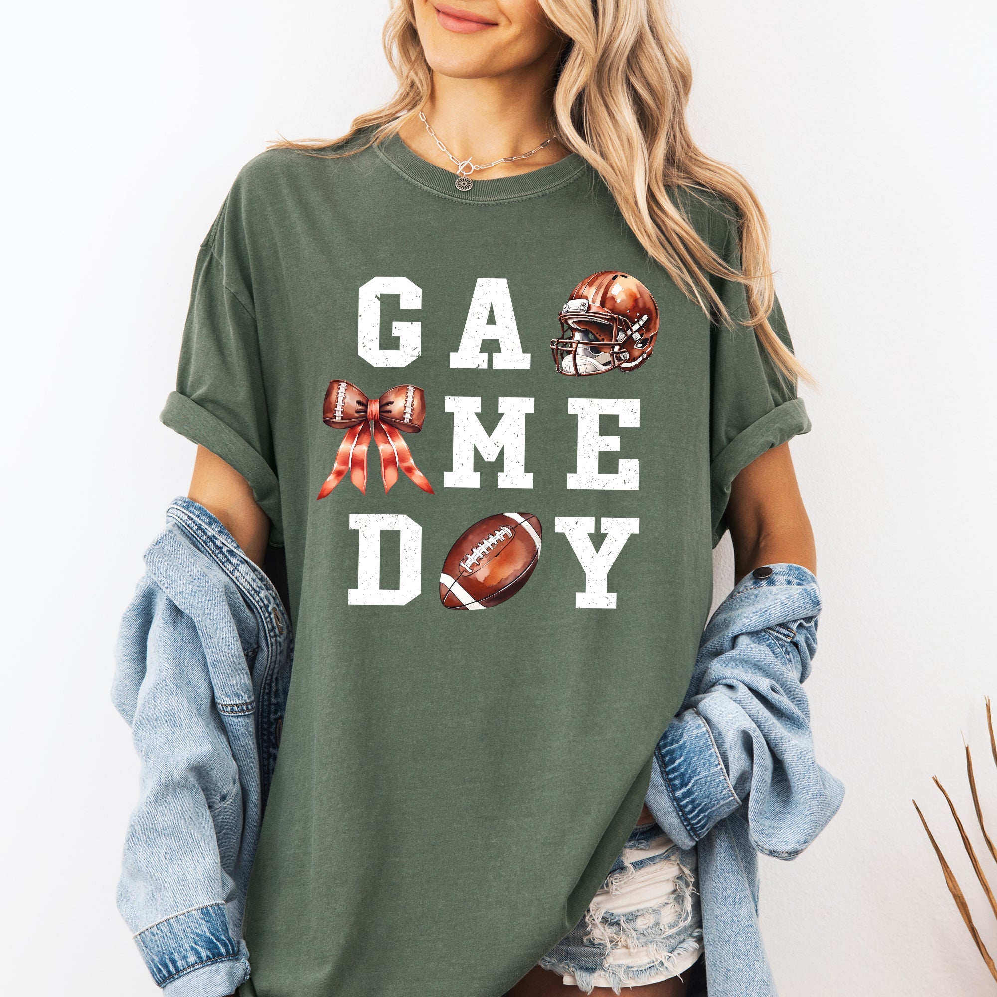 Game Day Coquette Ribbon Girly Football Sports Big Game Touchdown Tailgate Party Comfort Colors Tee