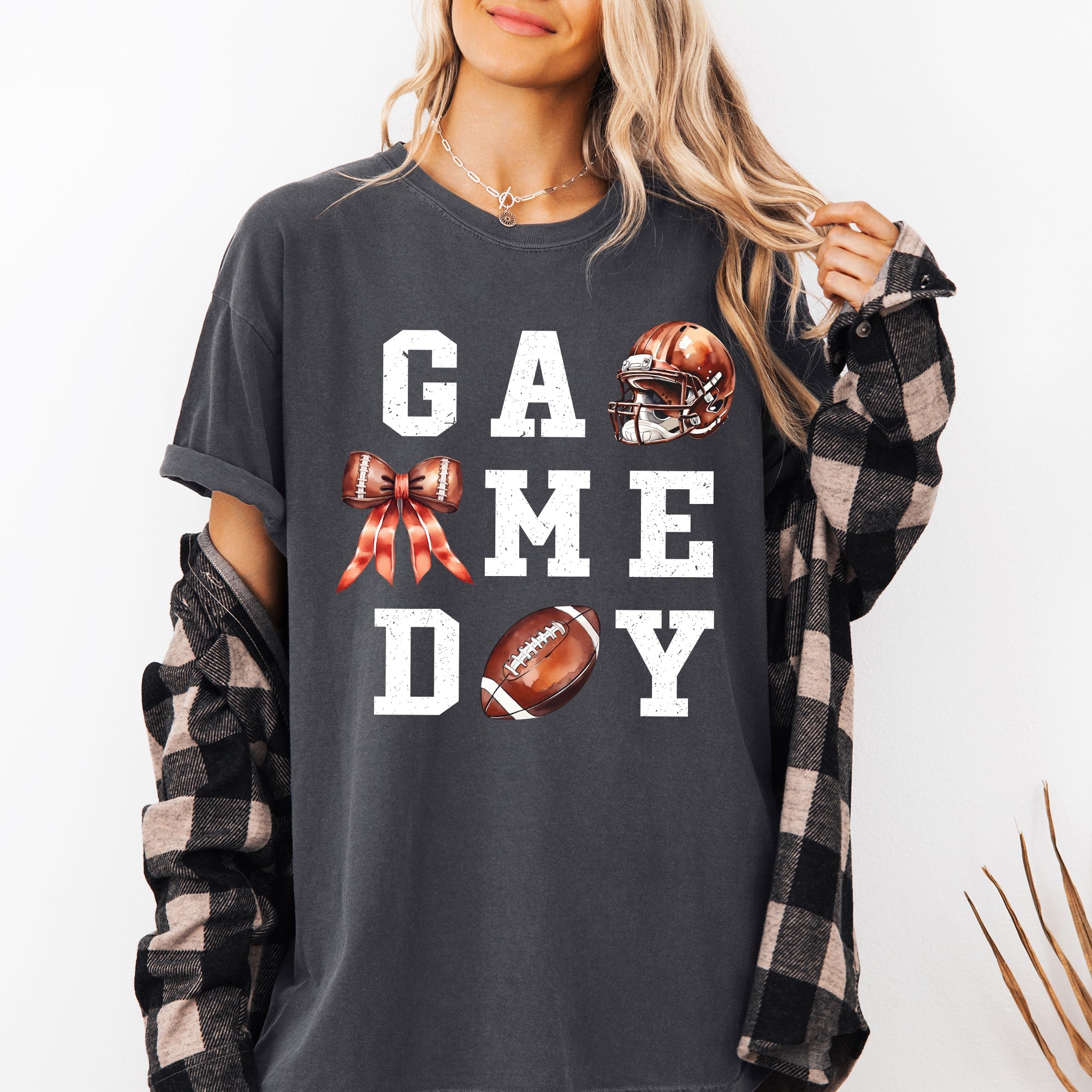 Game Day Coquette Ribbon Girly Football Sports Big Game Touchdown Tailgate Party Comfort Colors Tee