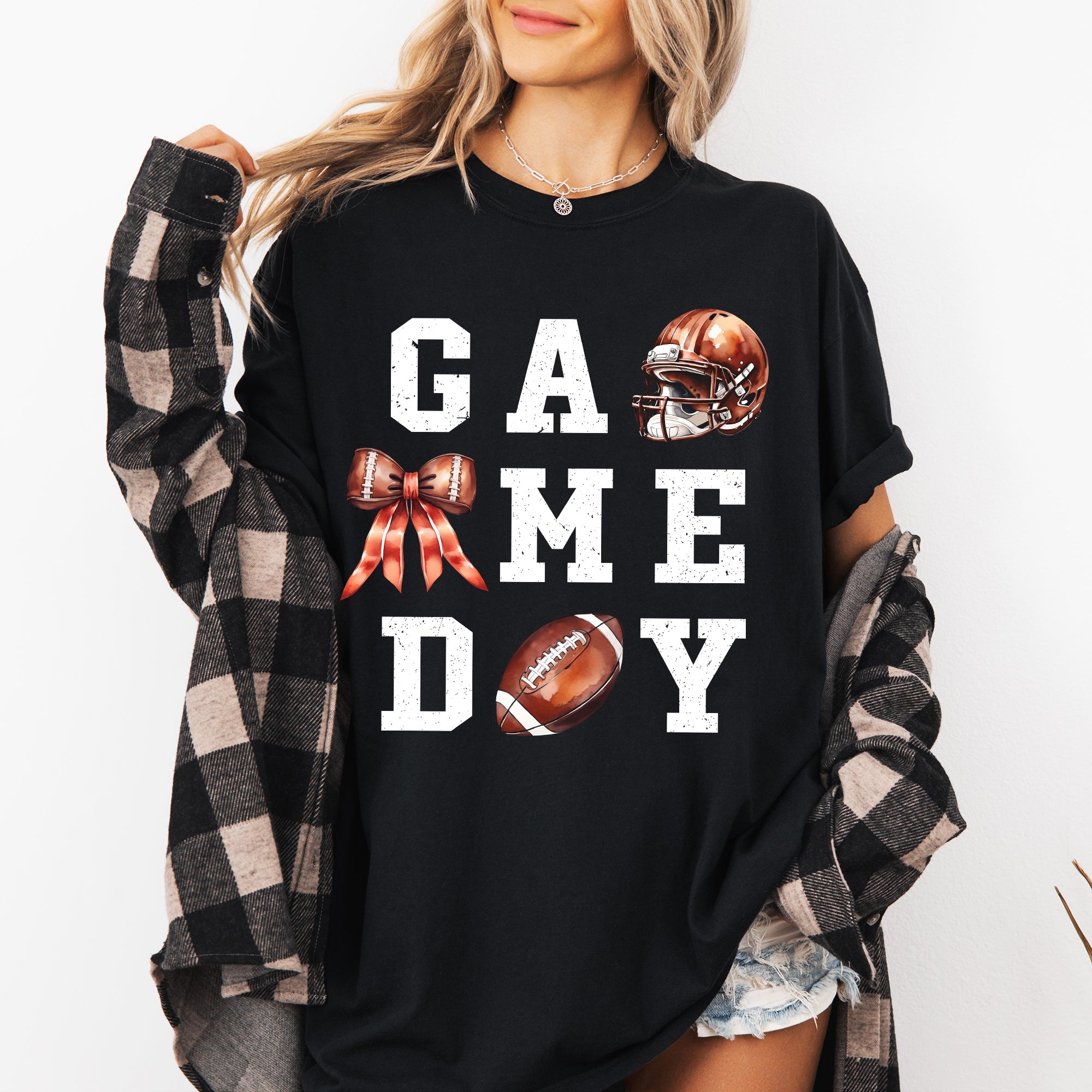 Game Day Coquette Ribbon Girly Football Sports Big Game Touchdown Tailgate Party Comfort Colors Tee