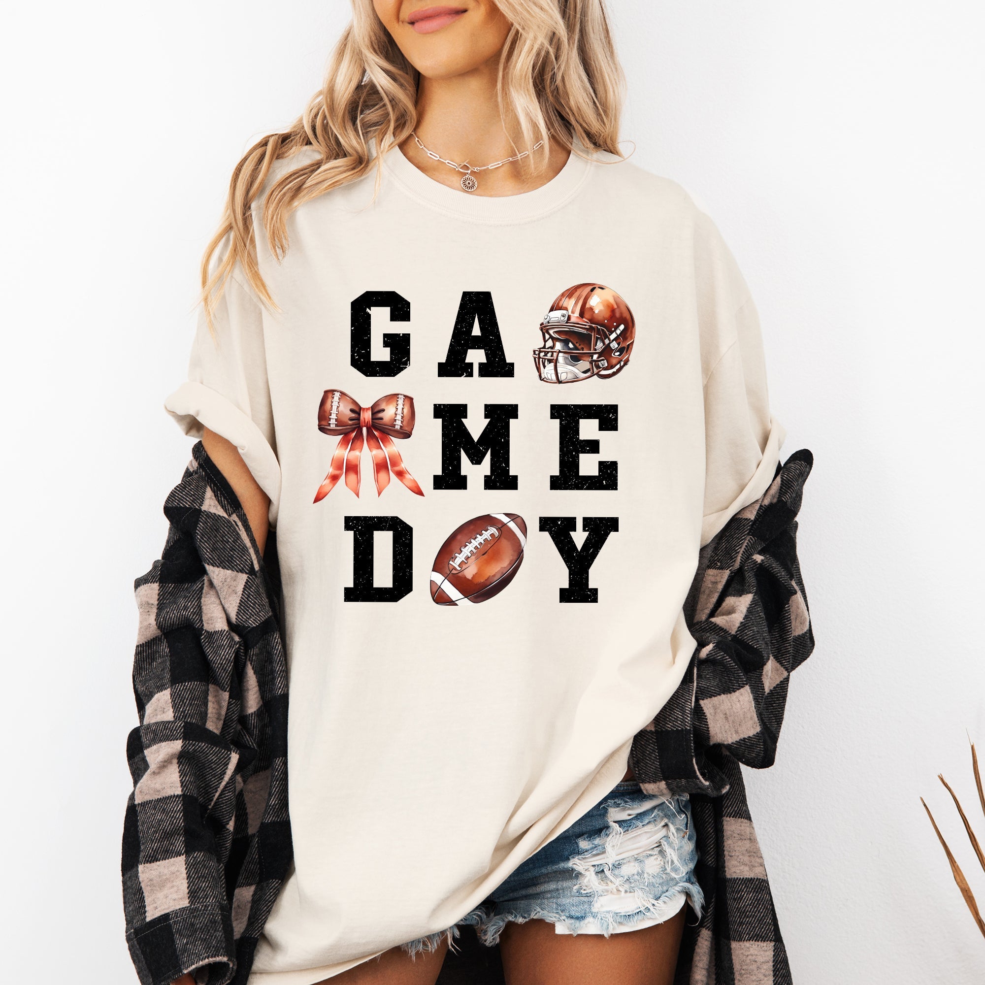 Game Day Coquette Ribbon Girly Football Sports Big Game Touchdown Tailgate Party Comfort Colors Tee