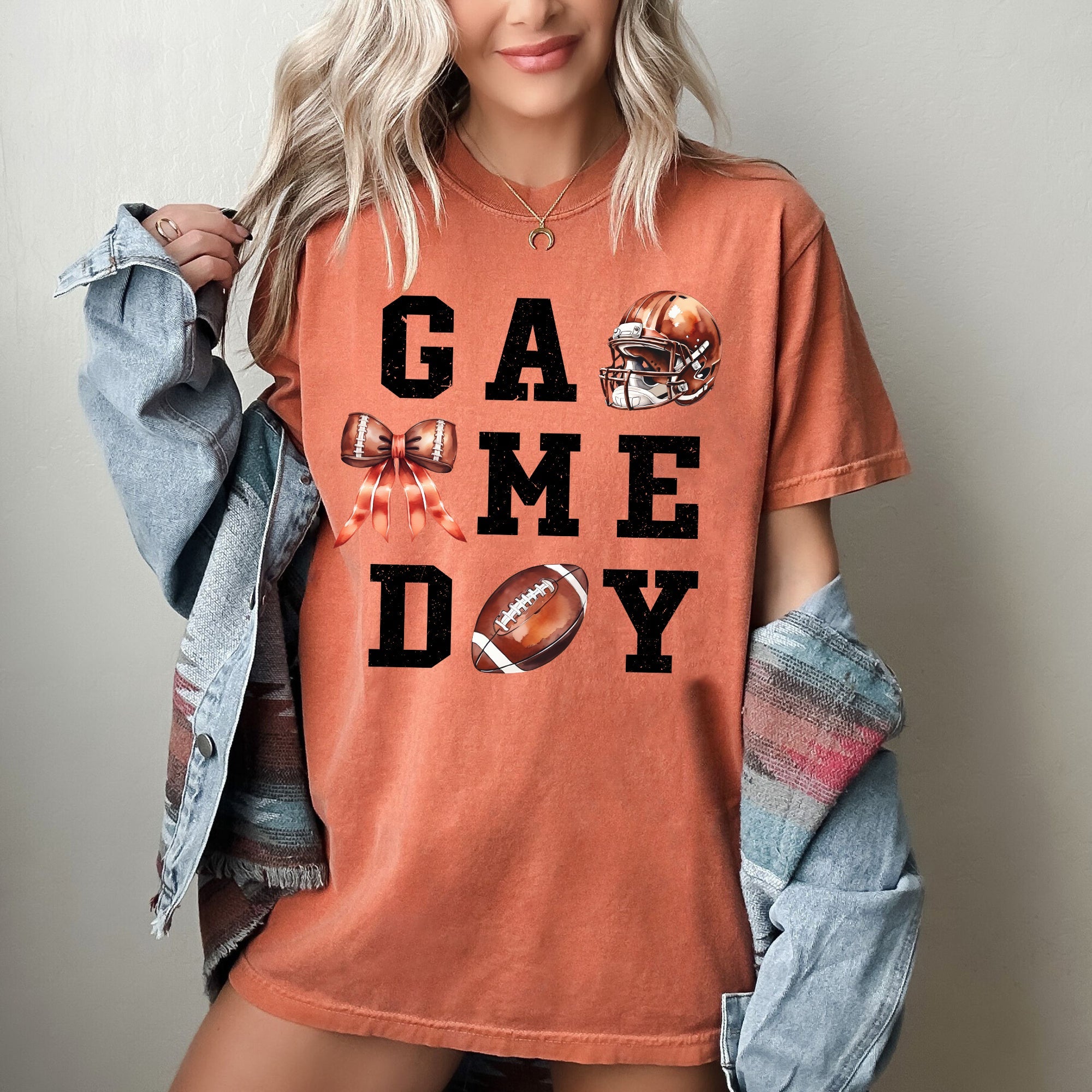 Game Day Coquette Ribbon Girly Football Sports Big Game Touchdown Tailgate Party Comfort Colors Tee
