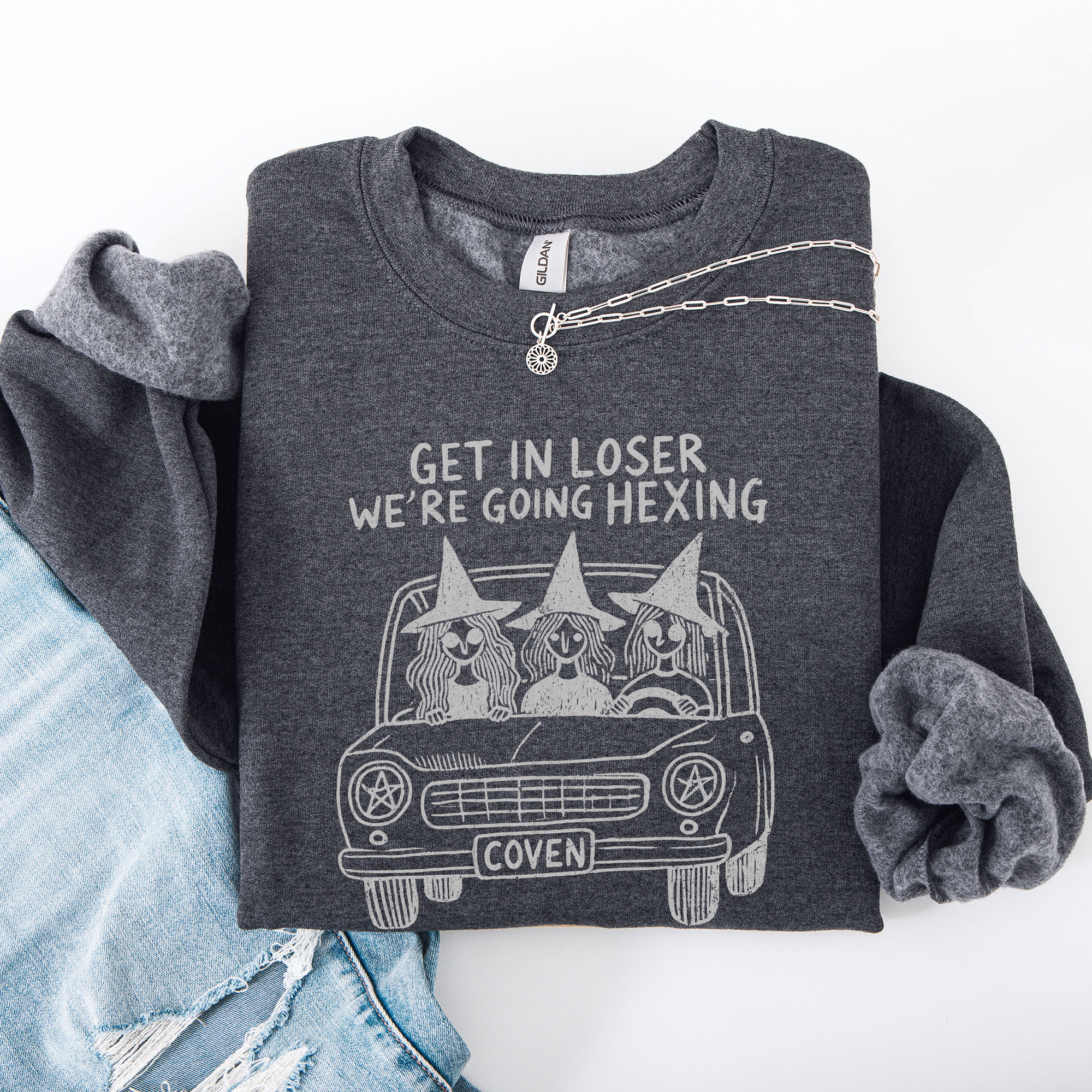 Get In Loser, We're Going Hexing Witch Coven Halloween Cozy Gothic Charm Sweatshirt
