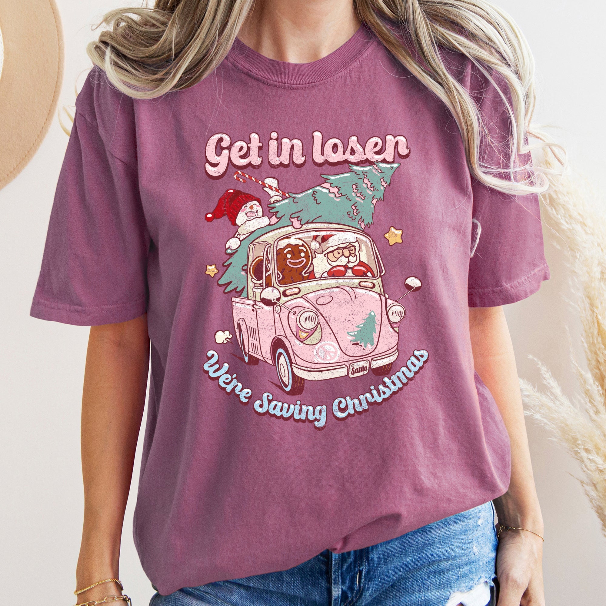 Get In Loser, We're Saving Christmas Retro VW Pink Santa Snowman Comfort Colors Tee
