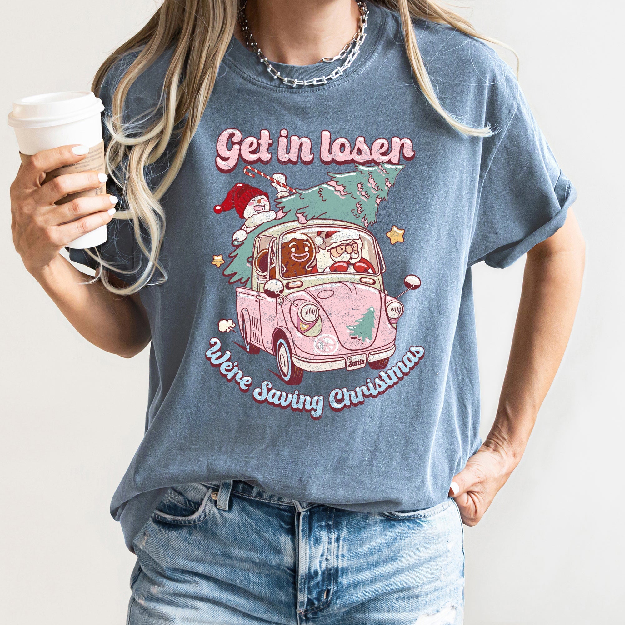 Get In Loser, We're Saving Christmas Retro VW Pink Santa Snowman Comfort Colors Tee