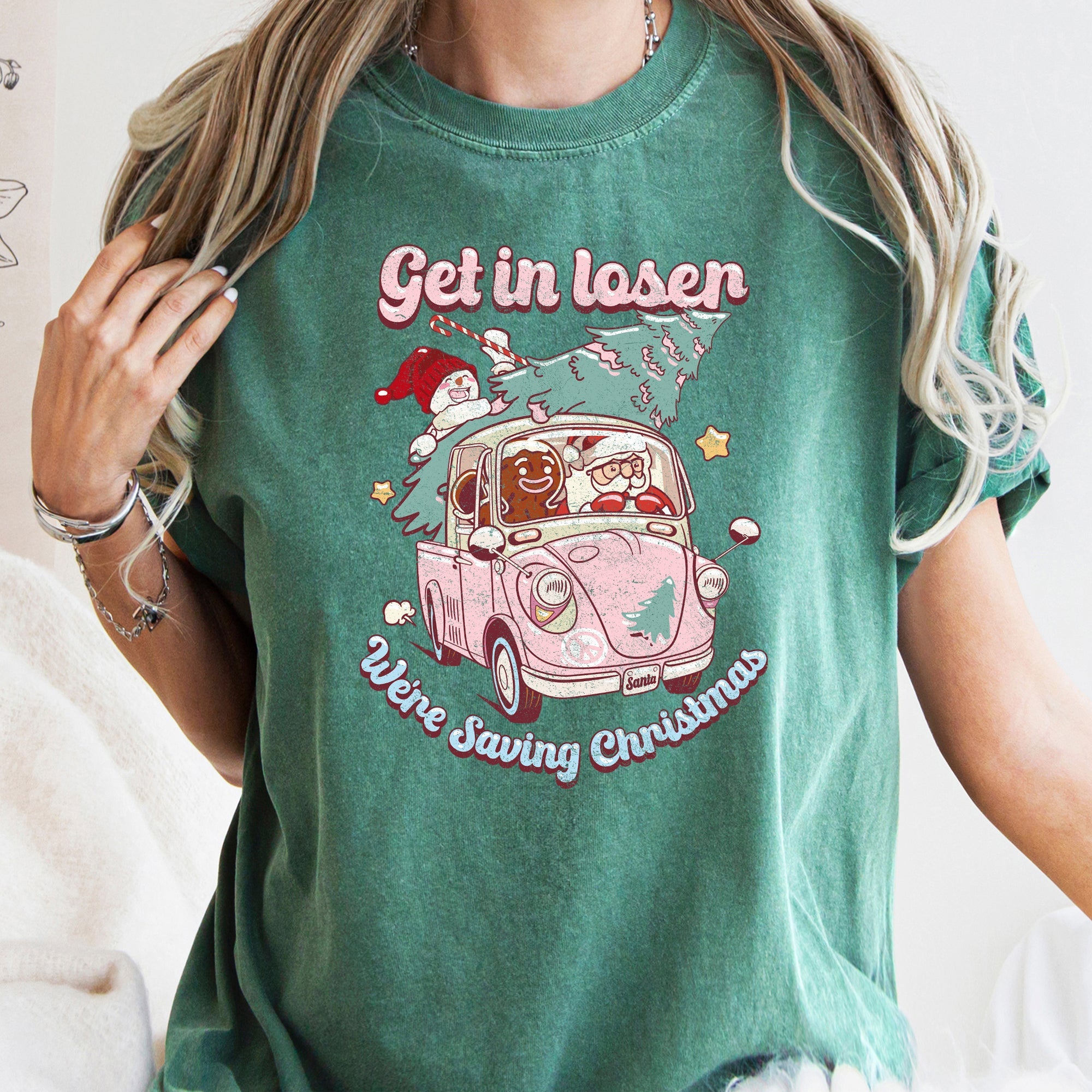 Get In Loser, We're Saving Christmas Retro VW Pink Santa Snowman Comfort Colors Tee