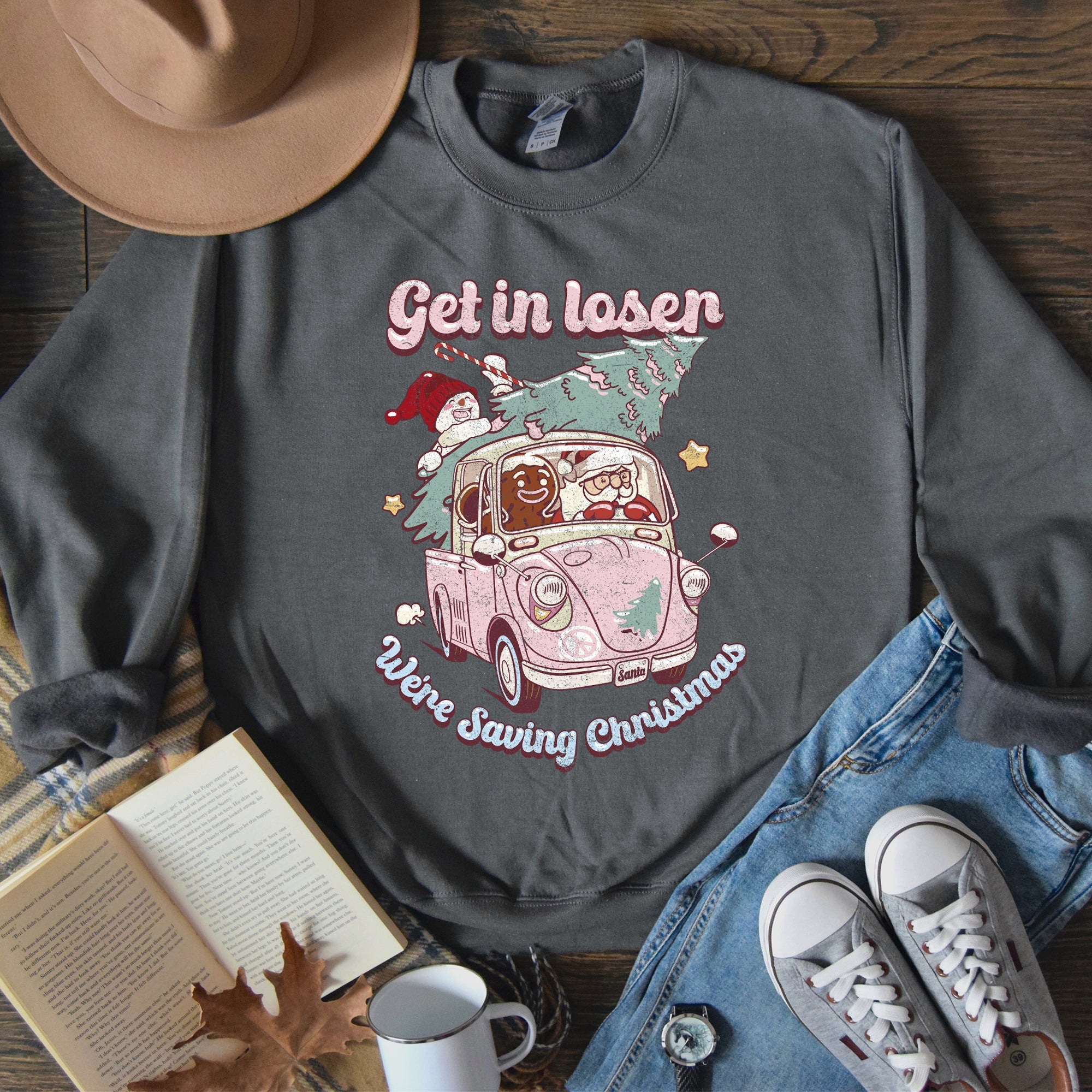 Get In Loser, We're Saving Christmas, Retro, Pink, Santa, Snowman Holiday Edition Sweatshirt