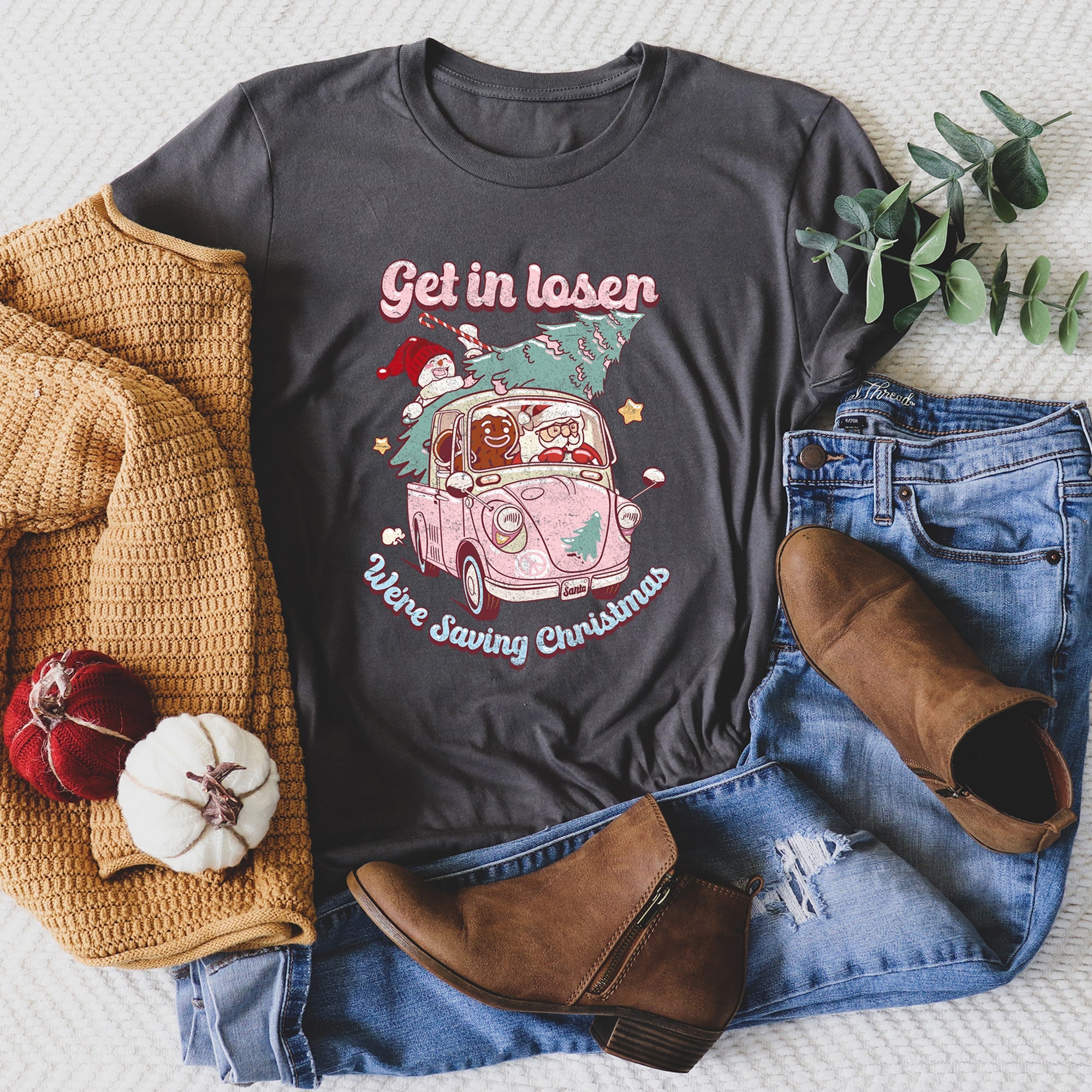 Get In Loser We're Saving Christmas Retro VW Santa Snowman Limited Edition Graphic Tee