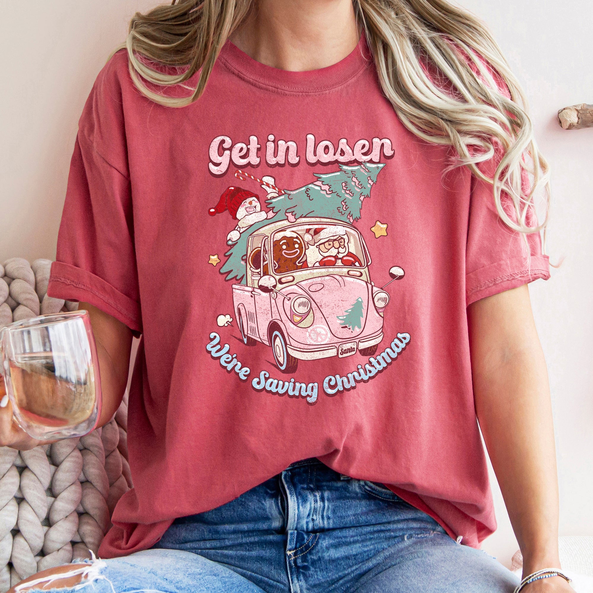 Get In Loser, We're Saving Christmas Retro VW Pink Santa Snowman Comfort Colors Tee