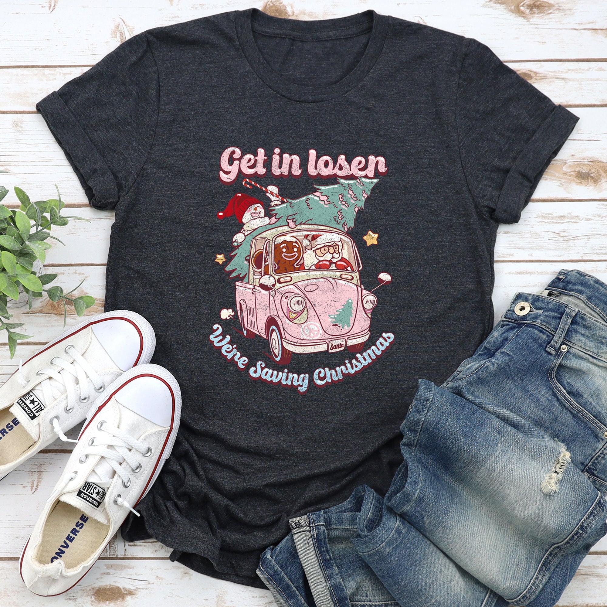 Get In Loser We're Saving Christmas Retro VW Santa Snowman Limited Edition Graphic Tee
