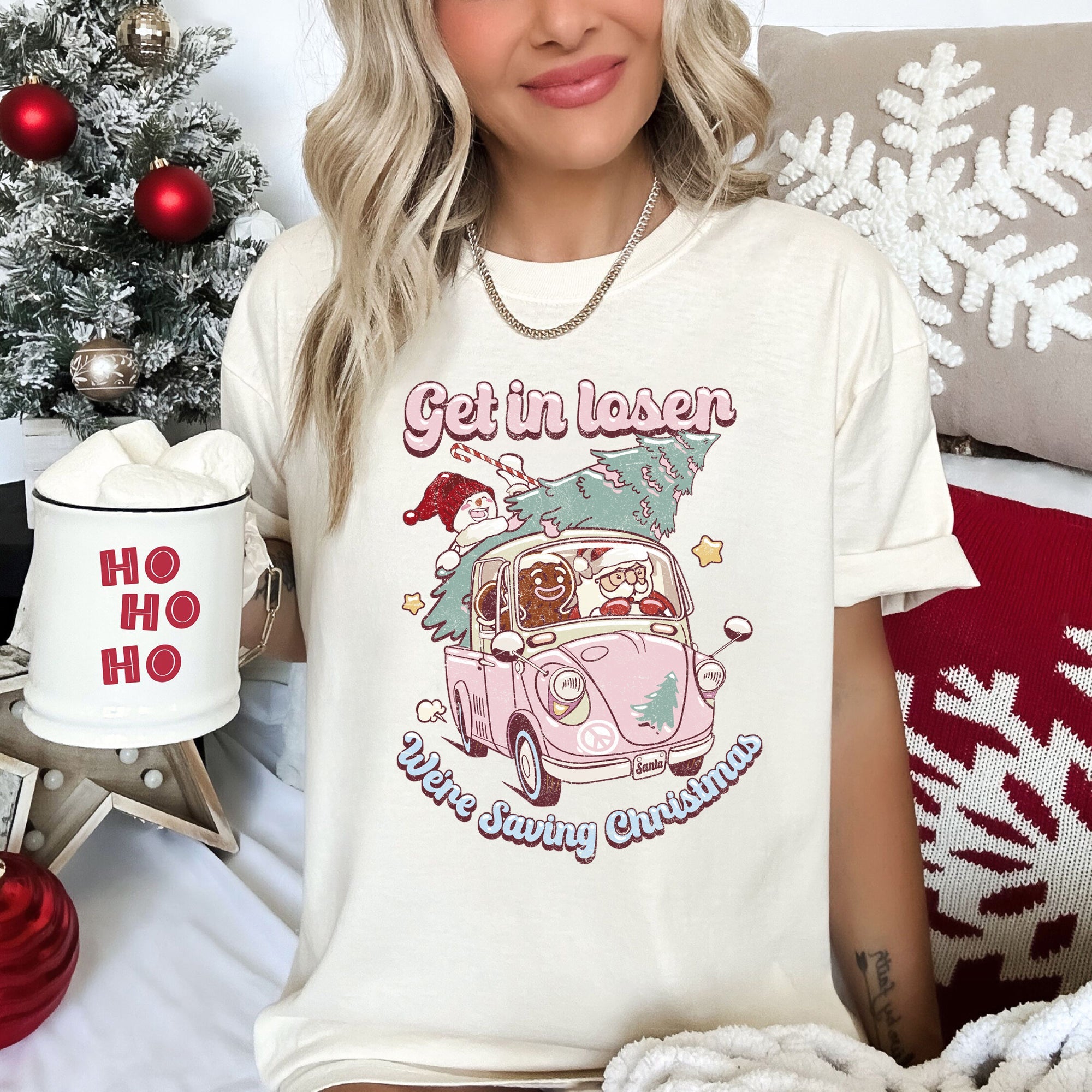 Get In Loser, We're Saving Christmas Retro VW Pink Santa Snowman Comfort Colors Tee