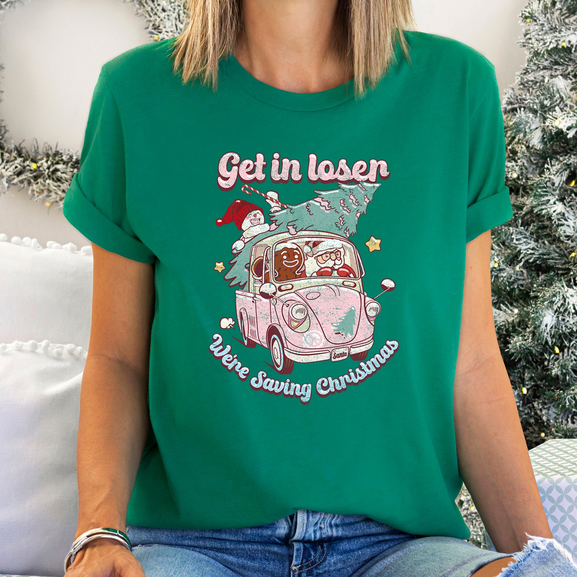 Get In Loser We're Saving Christmas Retro VW Santa Snowman Limited Edition Graphic Tee