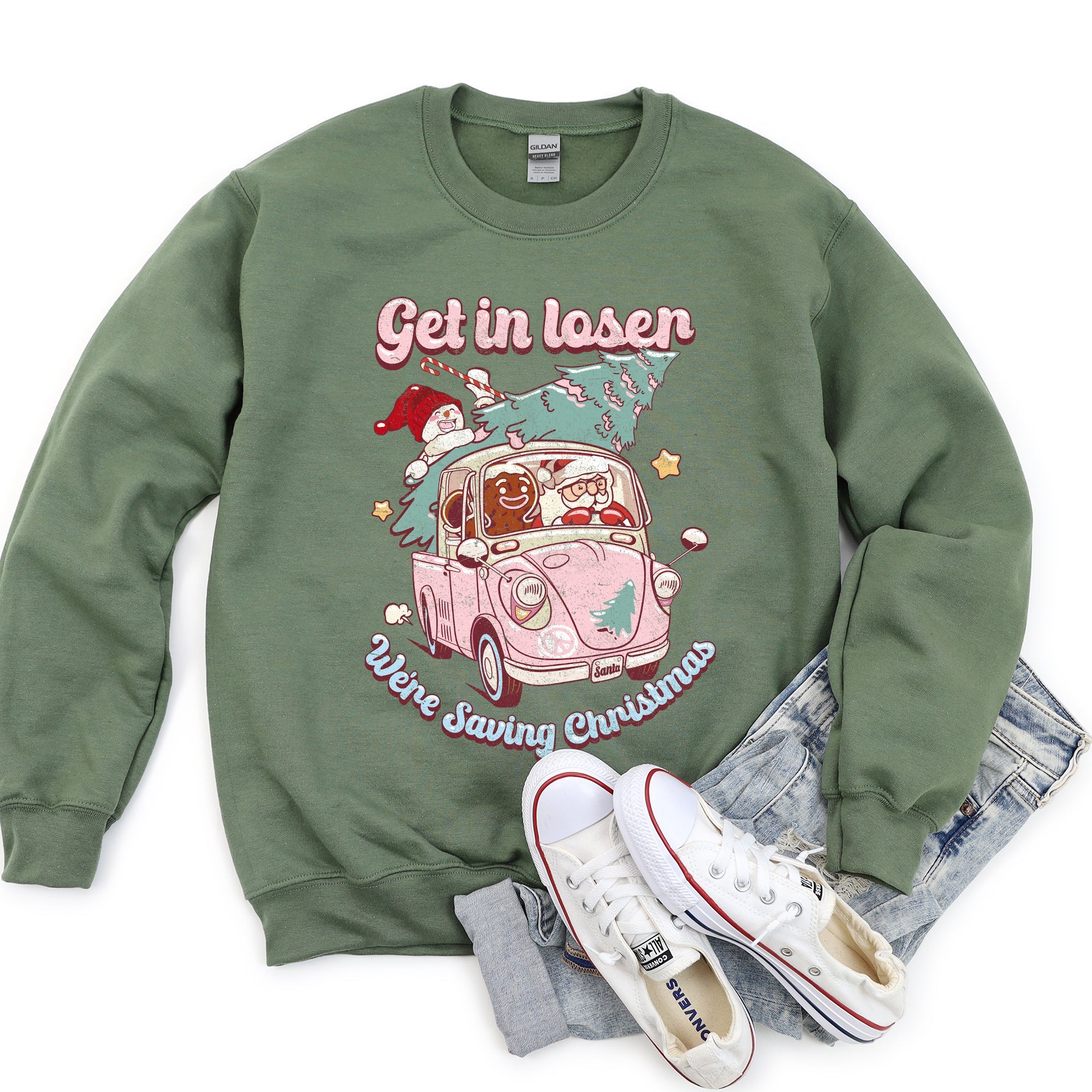 Get In Loser, We're Saving Christmas, Retro, Pink, Santa, Snowman Holiday Edition Sweatshirt