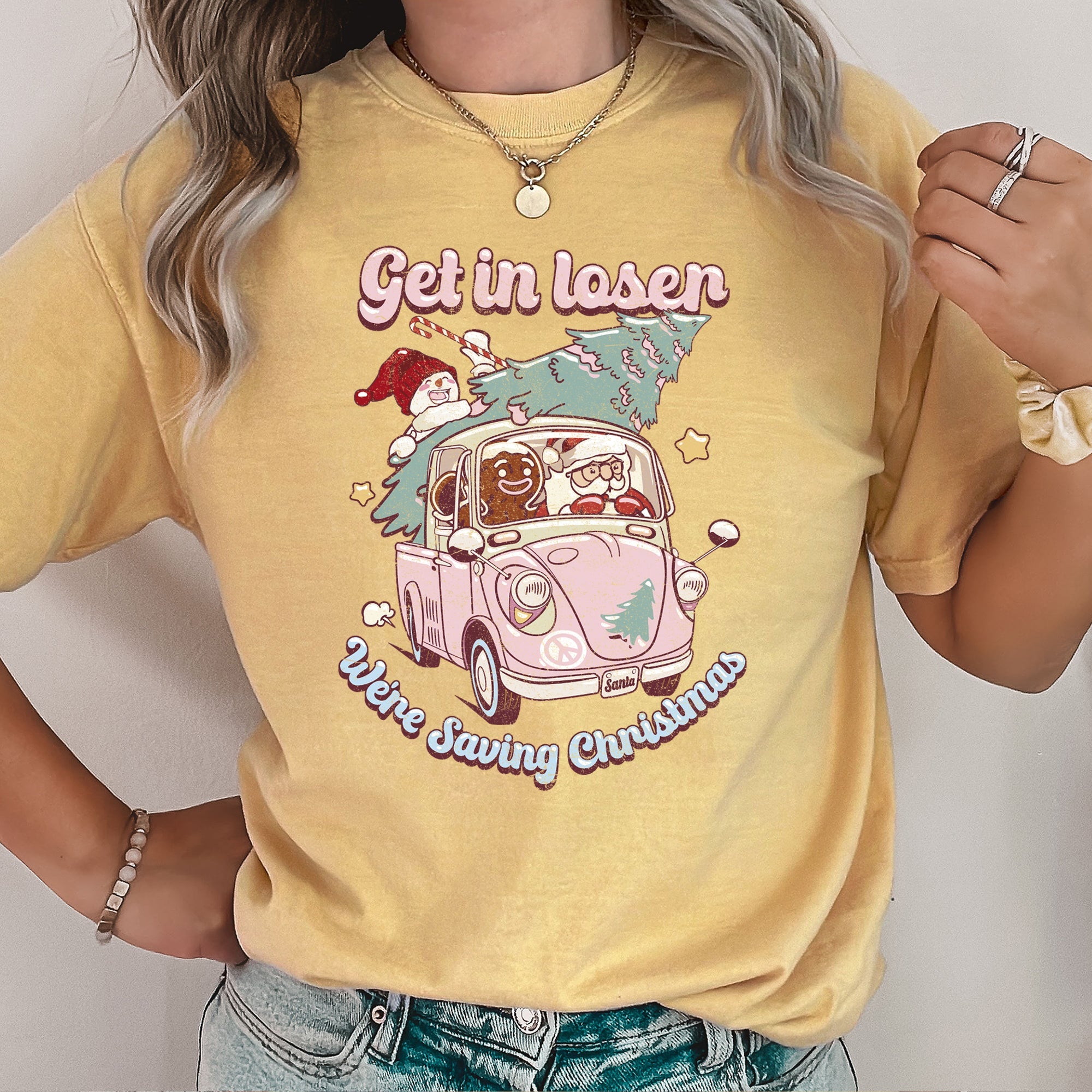 Get In Loser, We're Saving Christmas Retro VW Pink Santa Snowman Comfort Colors Tee