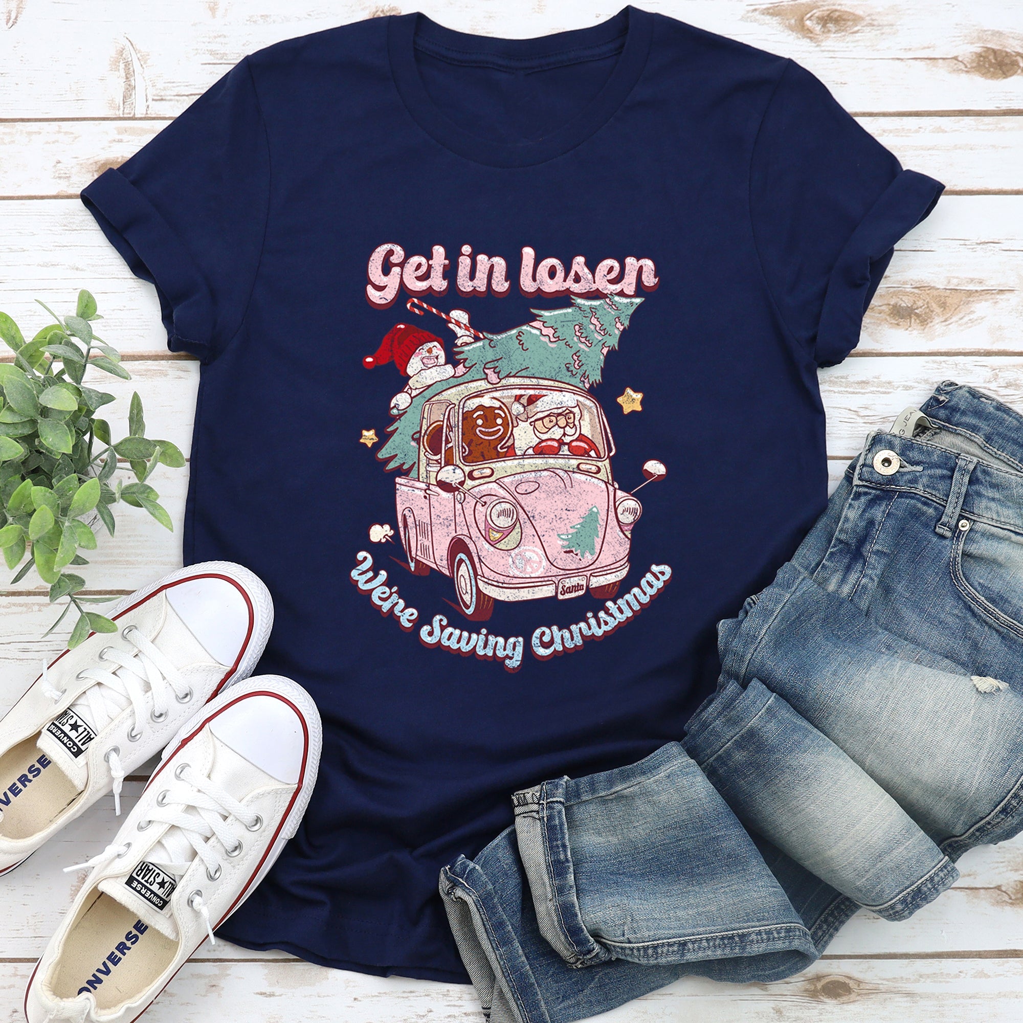 Get In Loser We're Saving Christmas Retro VW Santa Snowman Limited Edition Graphic Tee