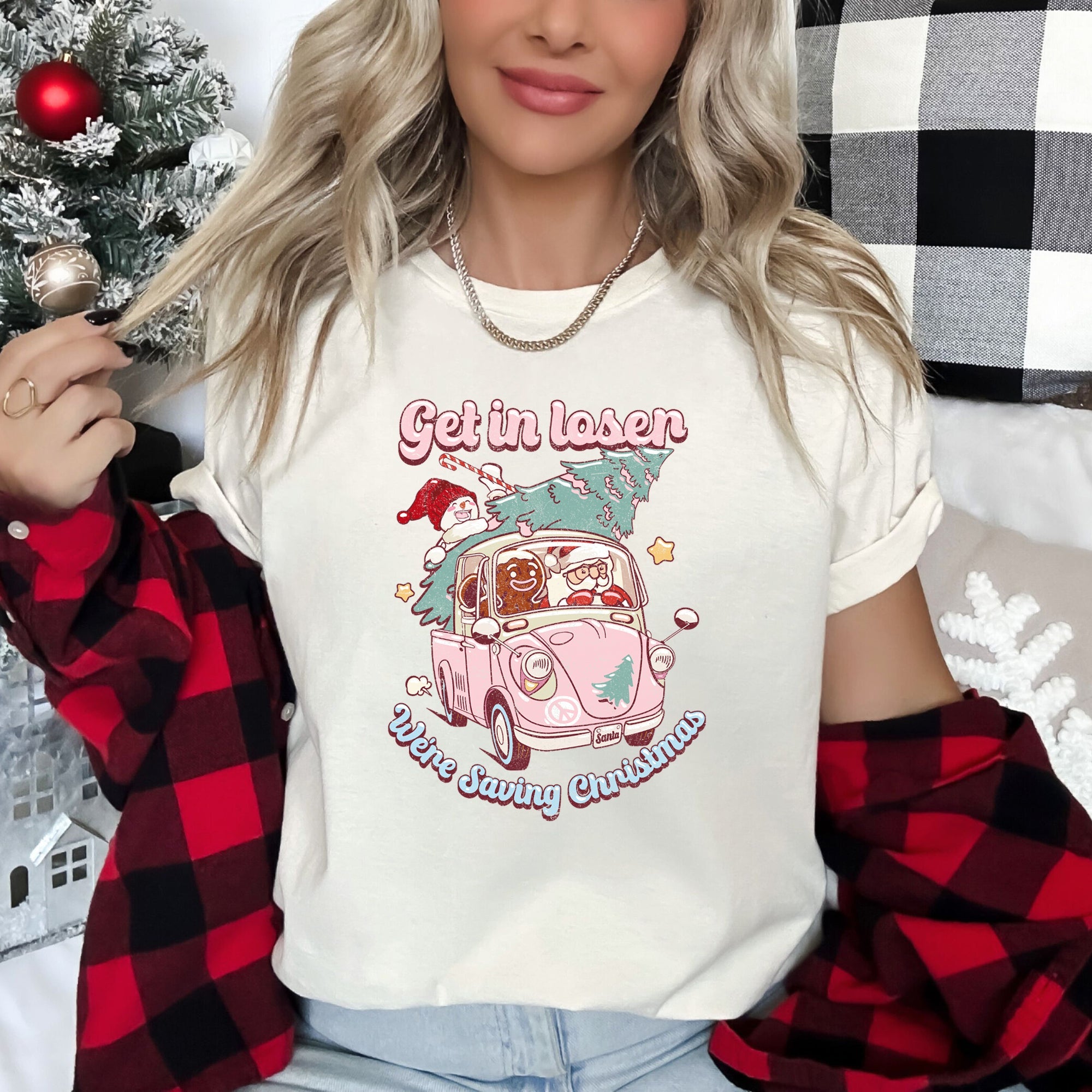 Get In Loser We're Saving Christmas Retro VW Santa Snowman Limited Edition Graphic Tee