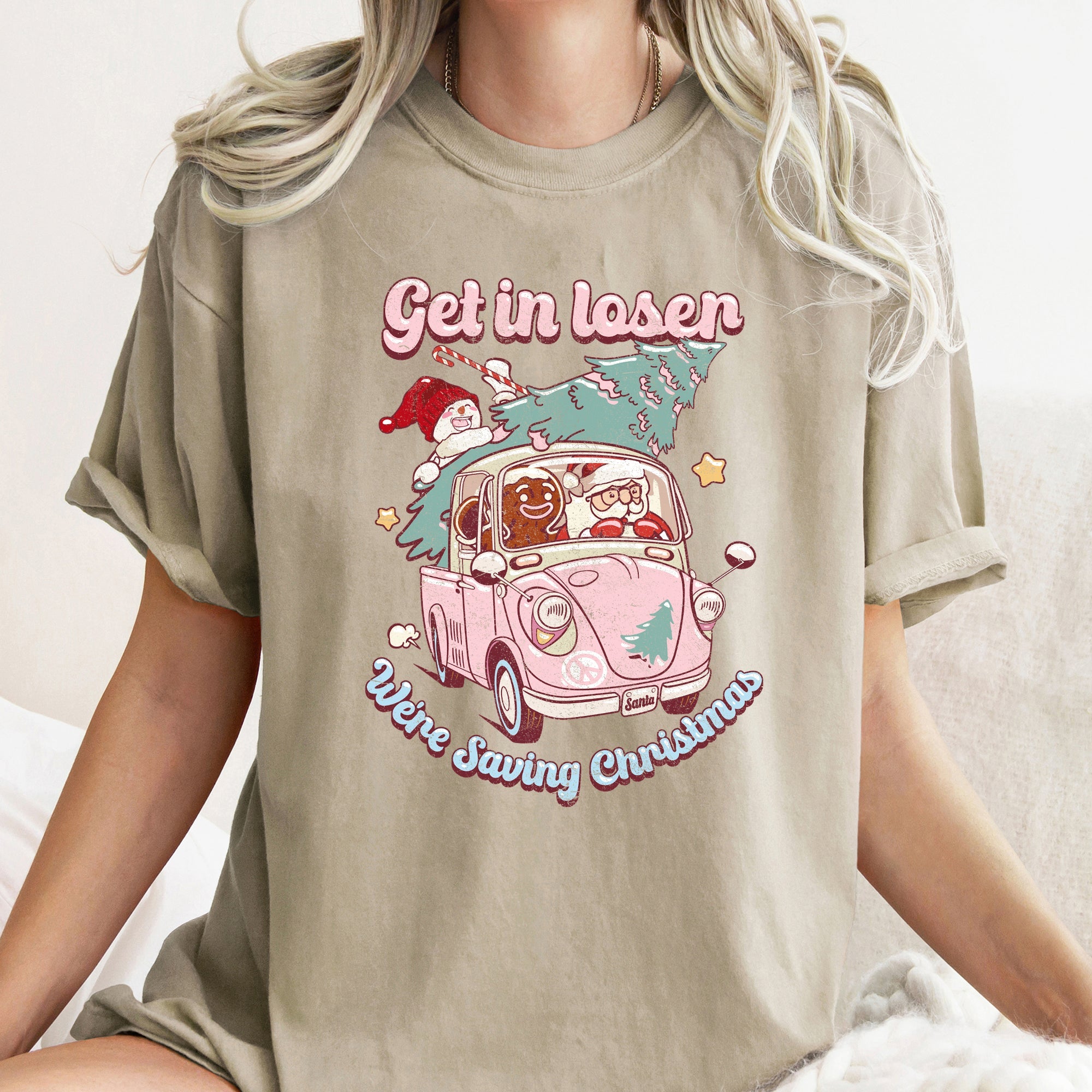Get In Loser, We're Saving Christmas Retro VW Pink Santa Snowman Comfort Colors Tee