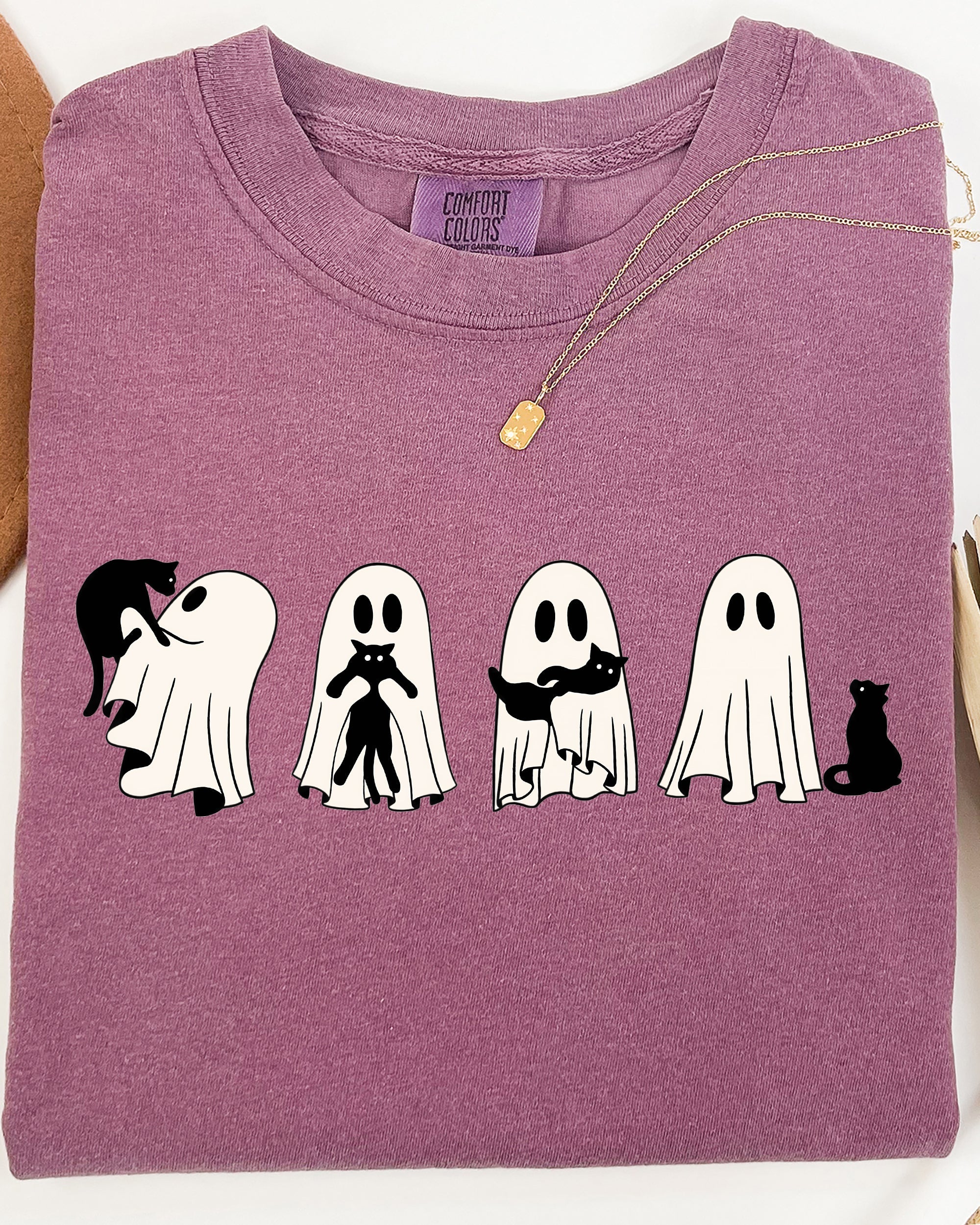 Ghost Cats Halloween Witch Skeleton Trick Or Treat Adorable Vintage Cartoon Style Comfort Colors Tee