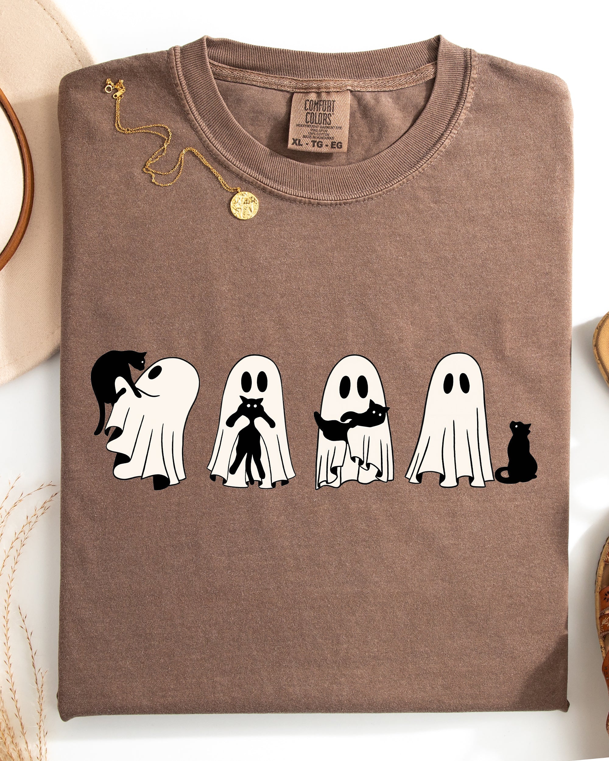 Ghost Cats Halloween Witch Skeleton Trick Or Treat Adorable Vintage Cartoon Style Comfort Colors Tee