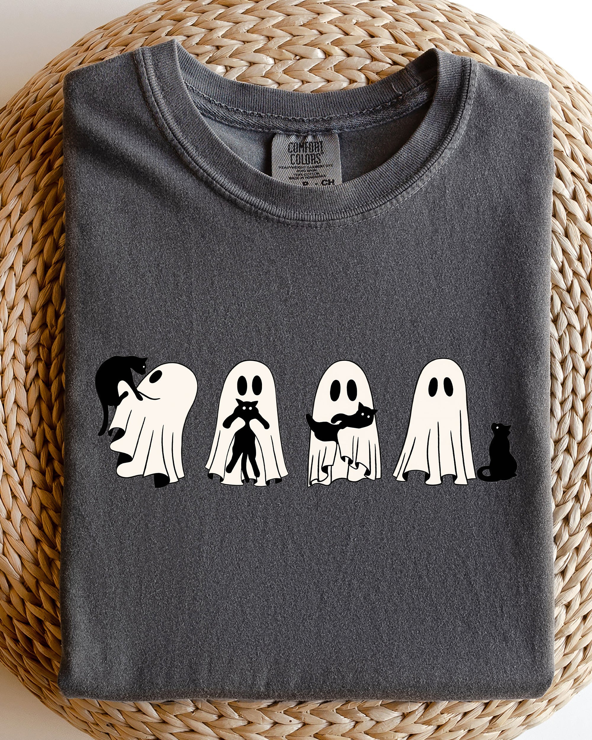 Ghost Cats Halloween Witch Skeleton Trick Or Treat Adorable Vintage Cartoon Style Comfort Colors Tee