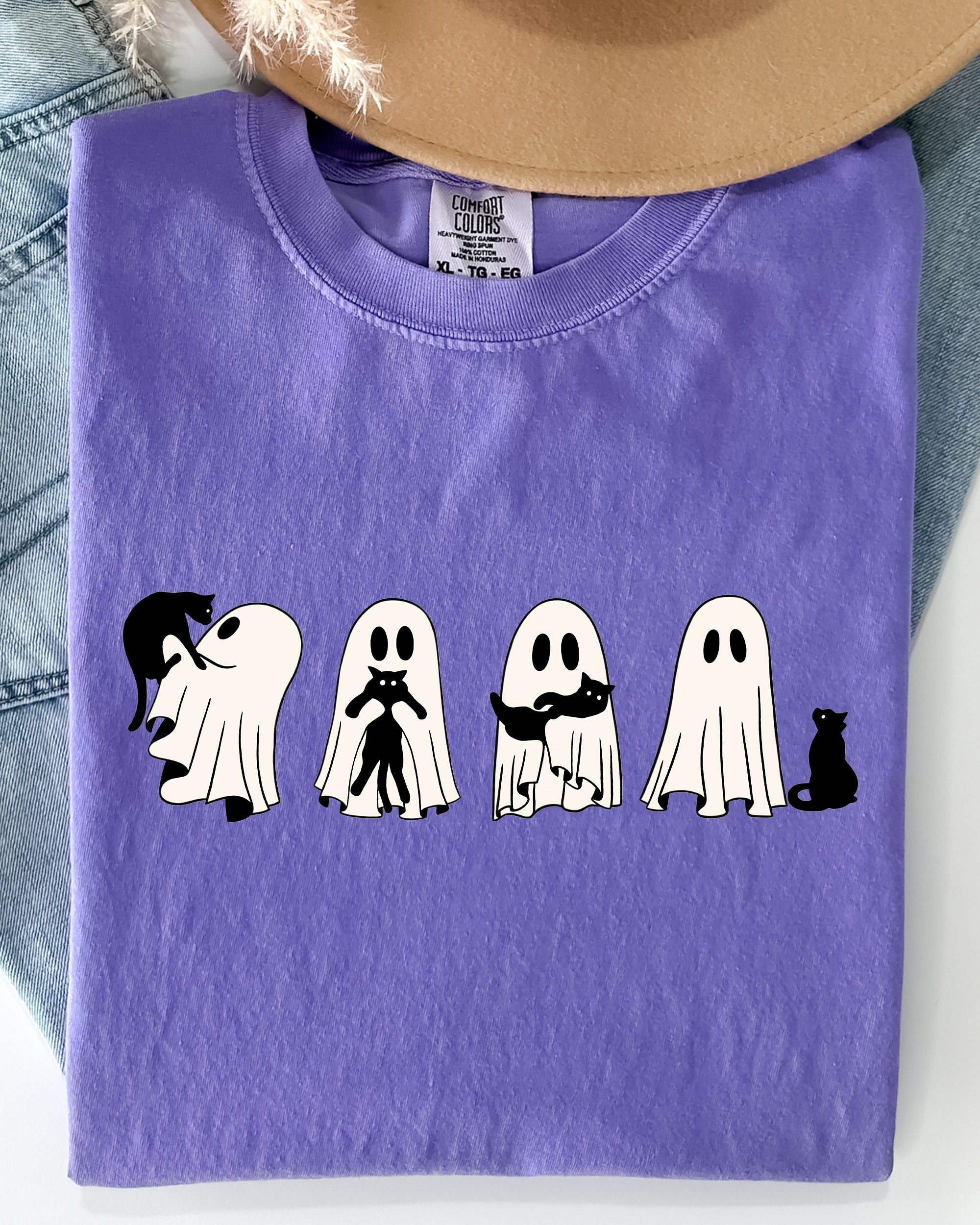 Ghost Cats Halloween Witch Skeleton Trick Or Treat Adorable Vintage Cartoon Style Comfort Colors Tee