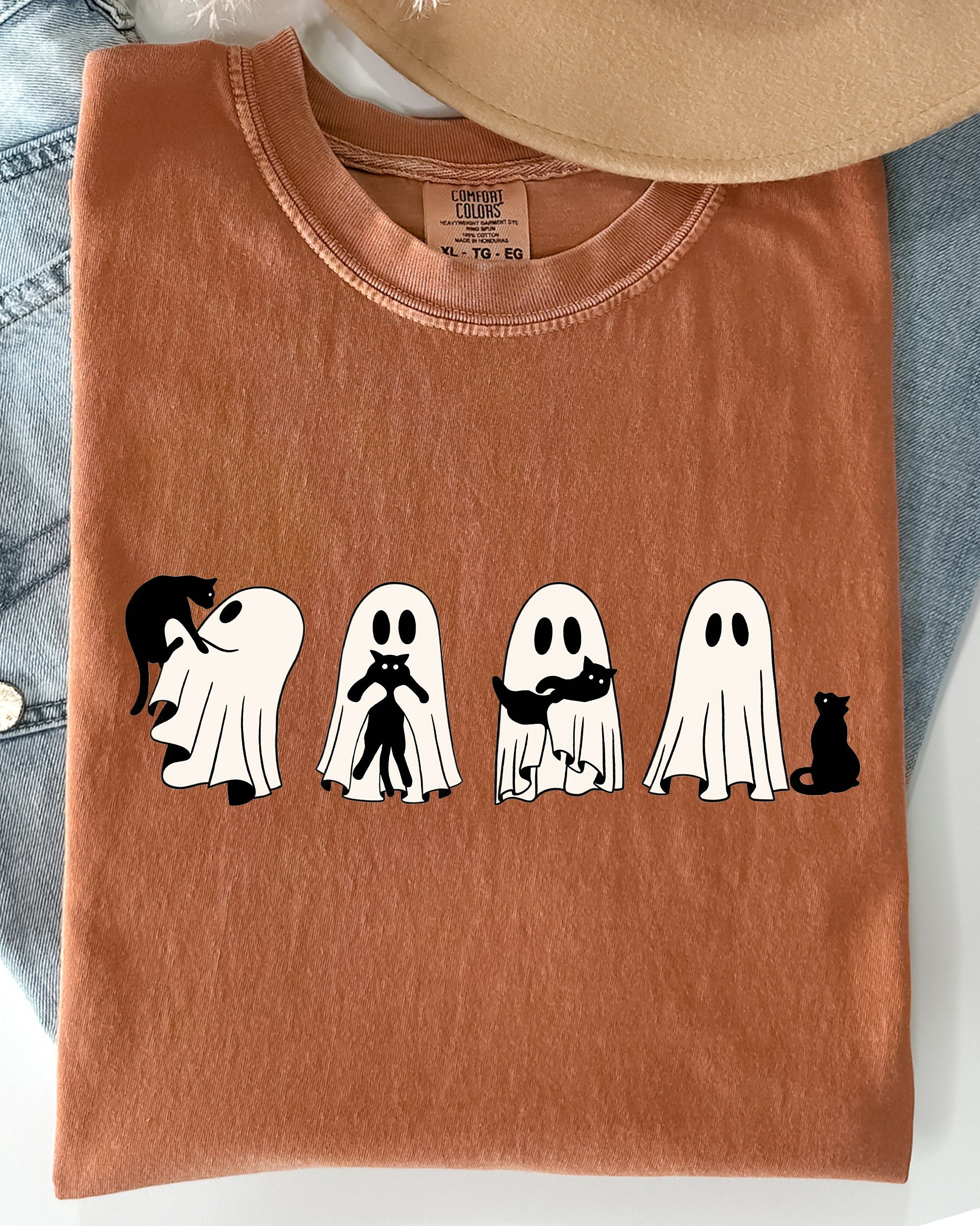 Ghost Cats Halloween Witch Skeleton Trick Or Treat Adorable Vintage Cartoon Style Comfort Colors Tee