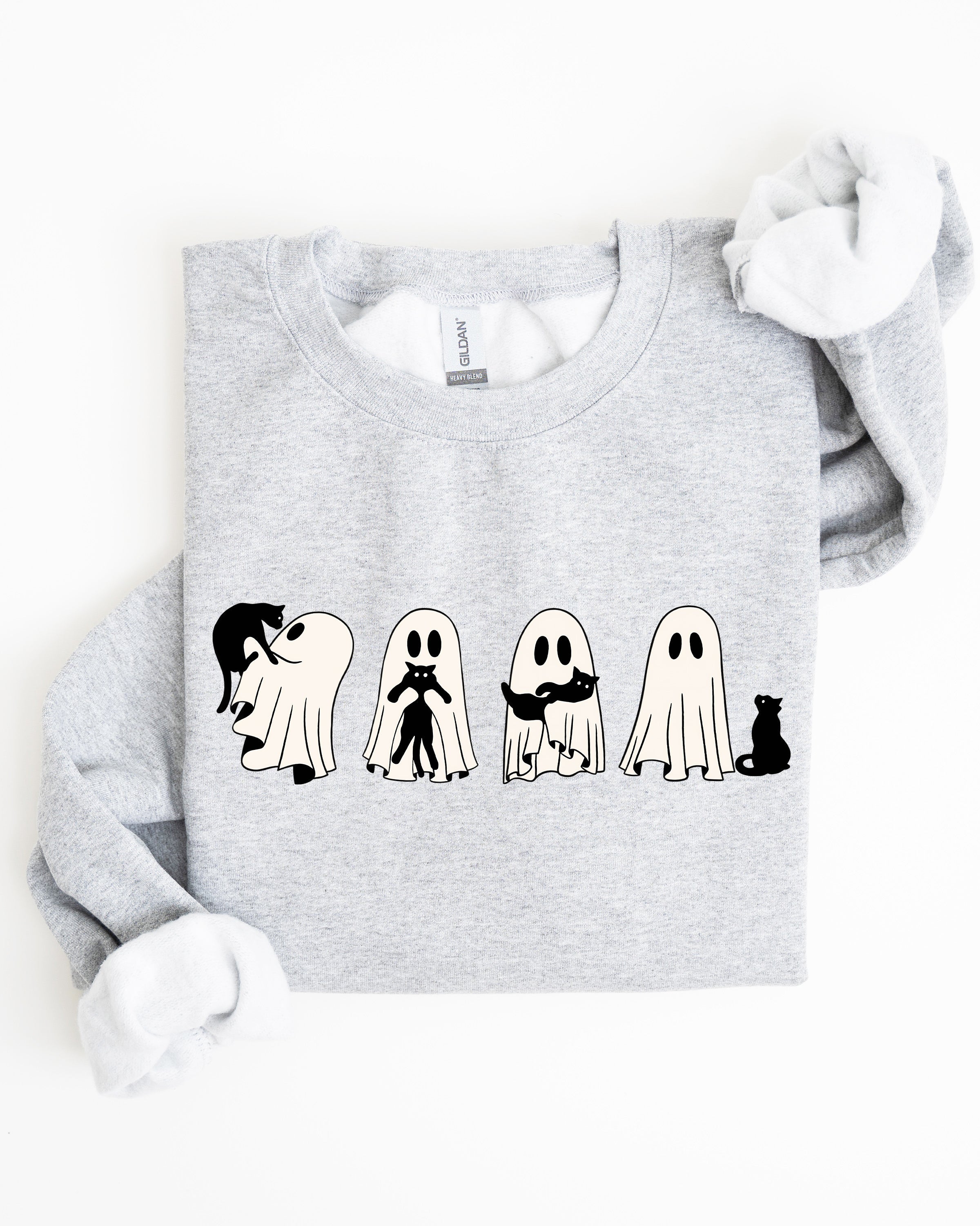Ghost Cats Trick Or Treat Halloween Witch Skeleton Festive Cozy Print Sweatshirt