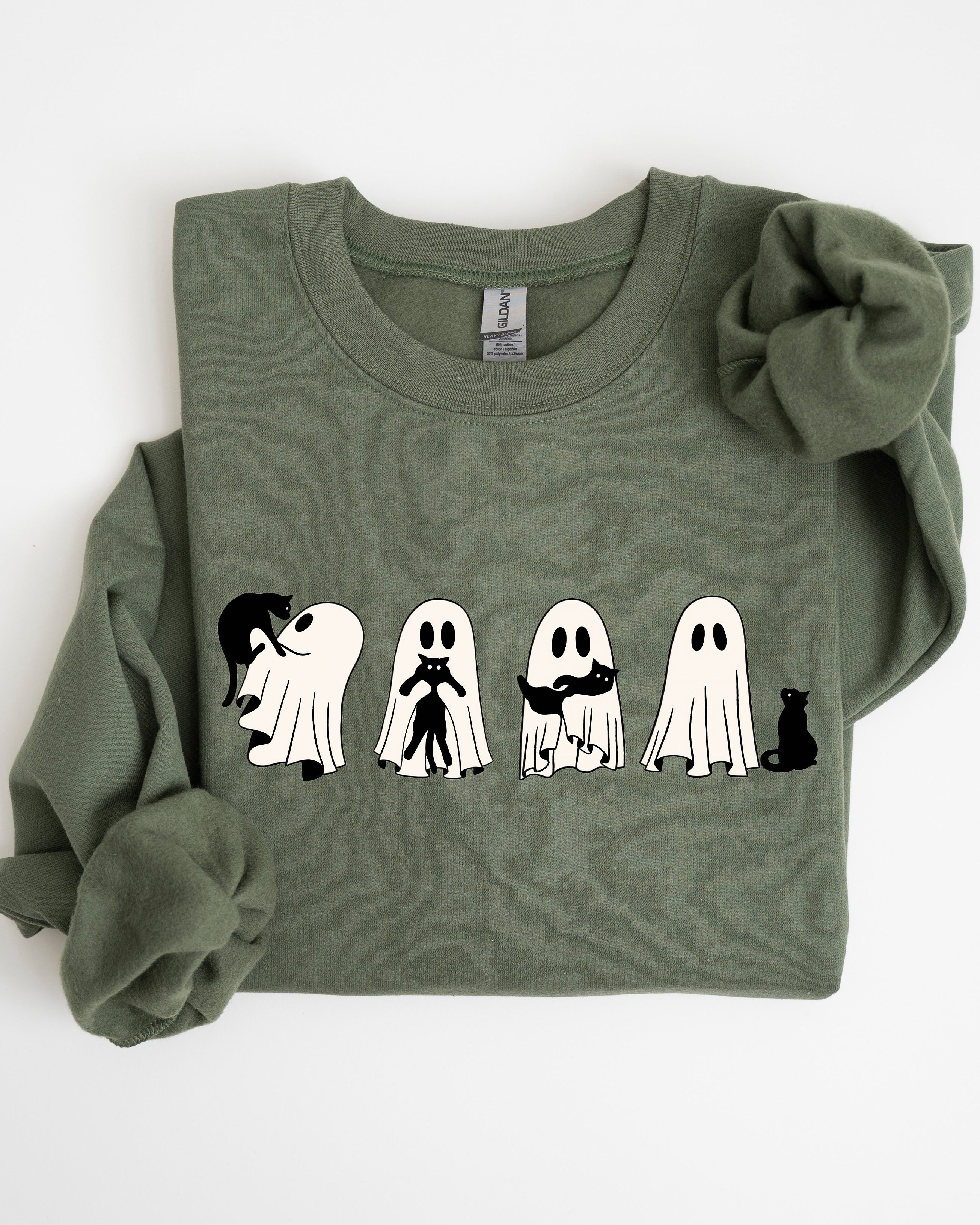 Ghost Cats Trick Or Treat Halloween Witch Skeleton Festive Cozy Print Sweatshirt