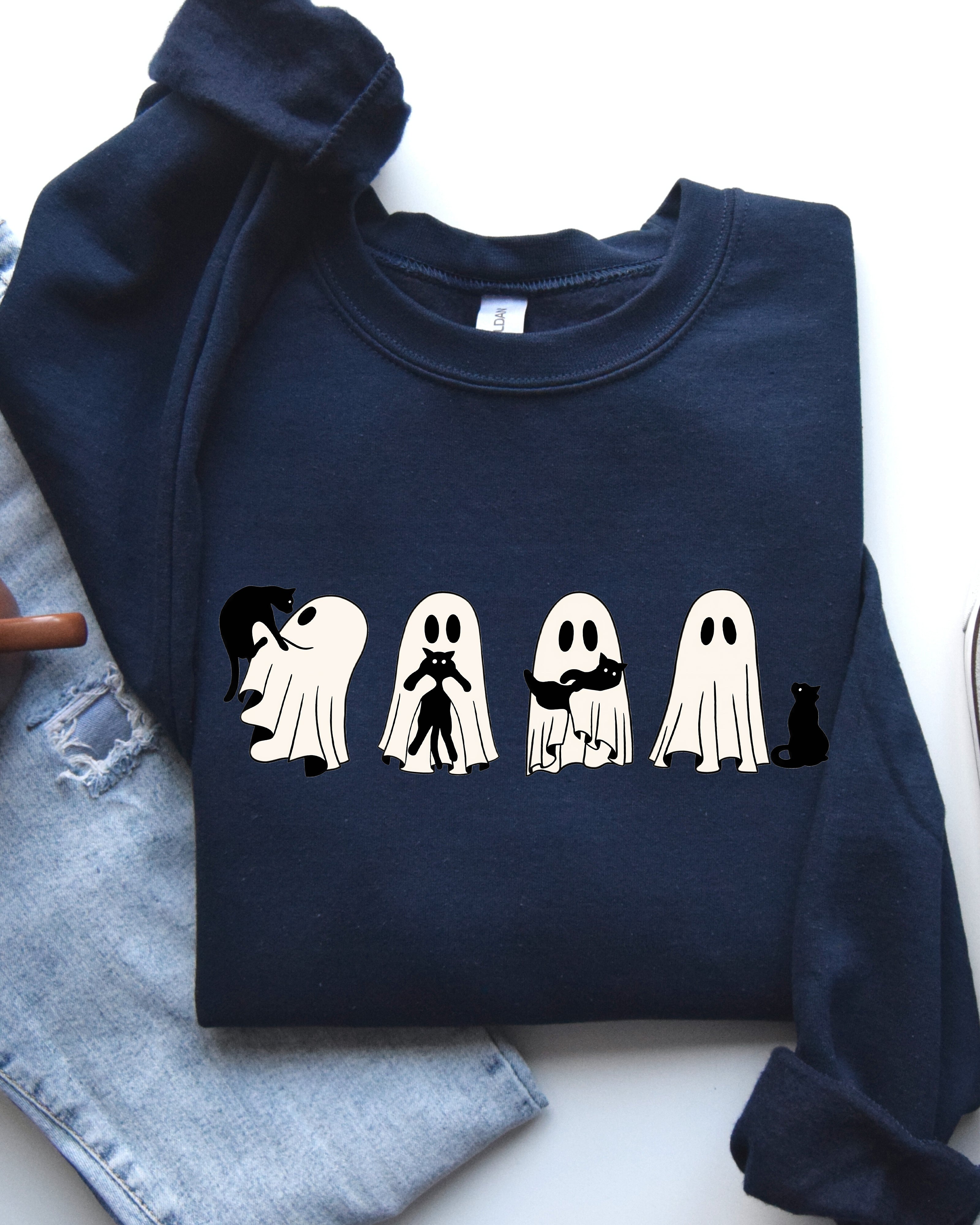 Ghost Cats Trick Or Treat Halloween Witch Skeleton Festive Cozy Print Sweatshirt