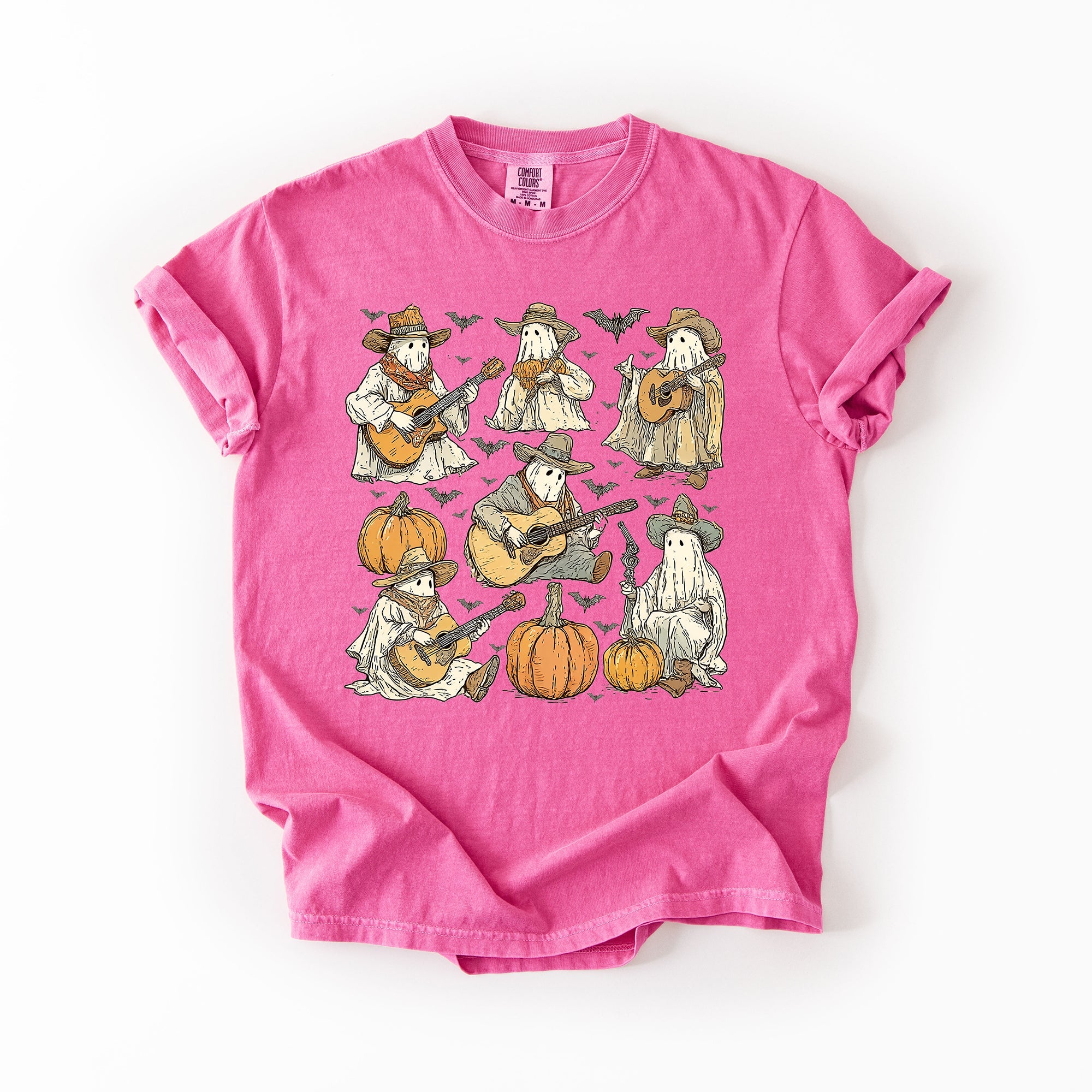 Ghost Cowboys Halloween Bats Spooky Western Outlaws Under Moonlit Sky With Whimsical Ghost Town Charm Comfort Colors Tee
